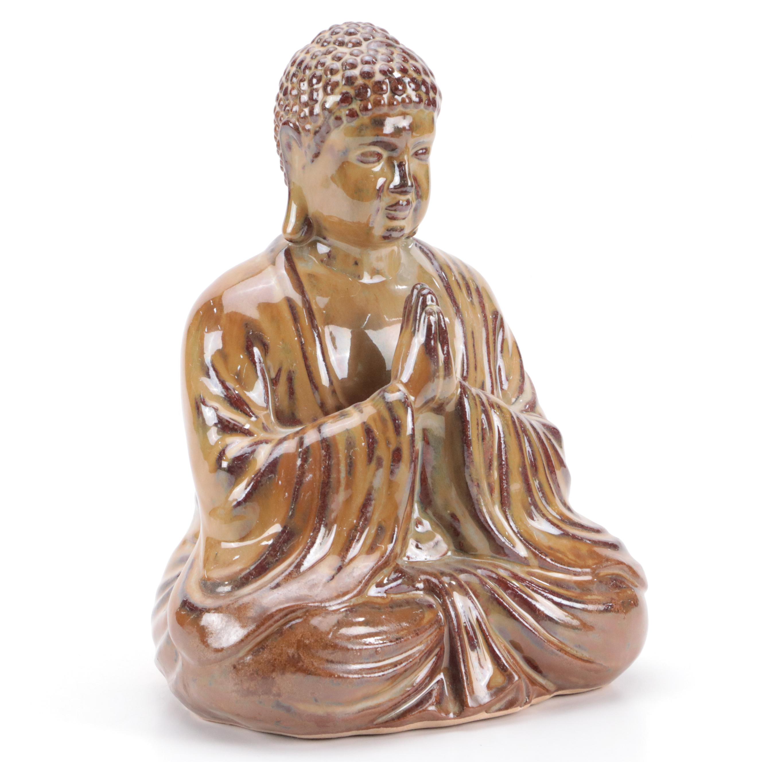 Namaskar Mudra Pose Ceramic Buddha with Hand Glazed Japanese Porcelain Plate