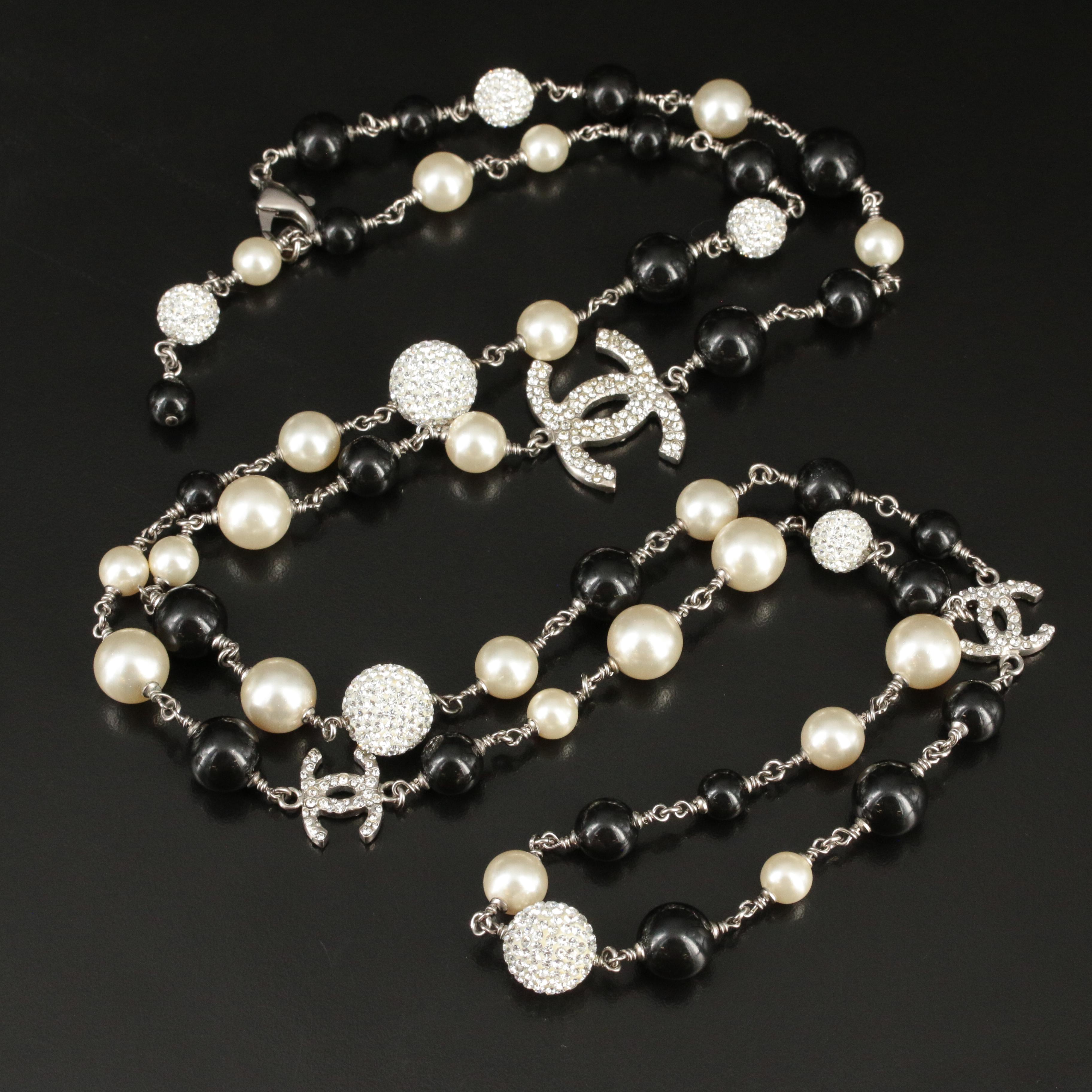 Chanel Faux Pearl and Strass Crystal 'CC Logo' Station Necklace Cruise 2012