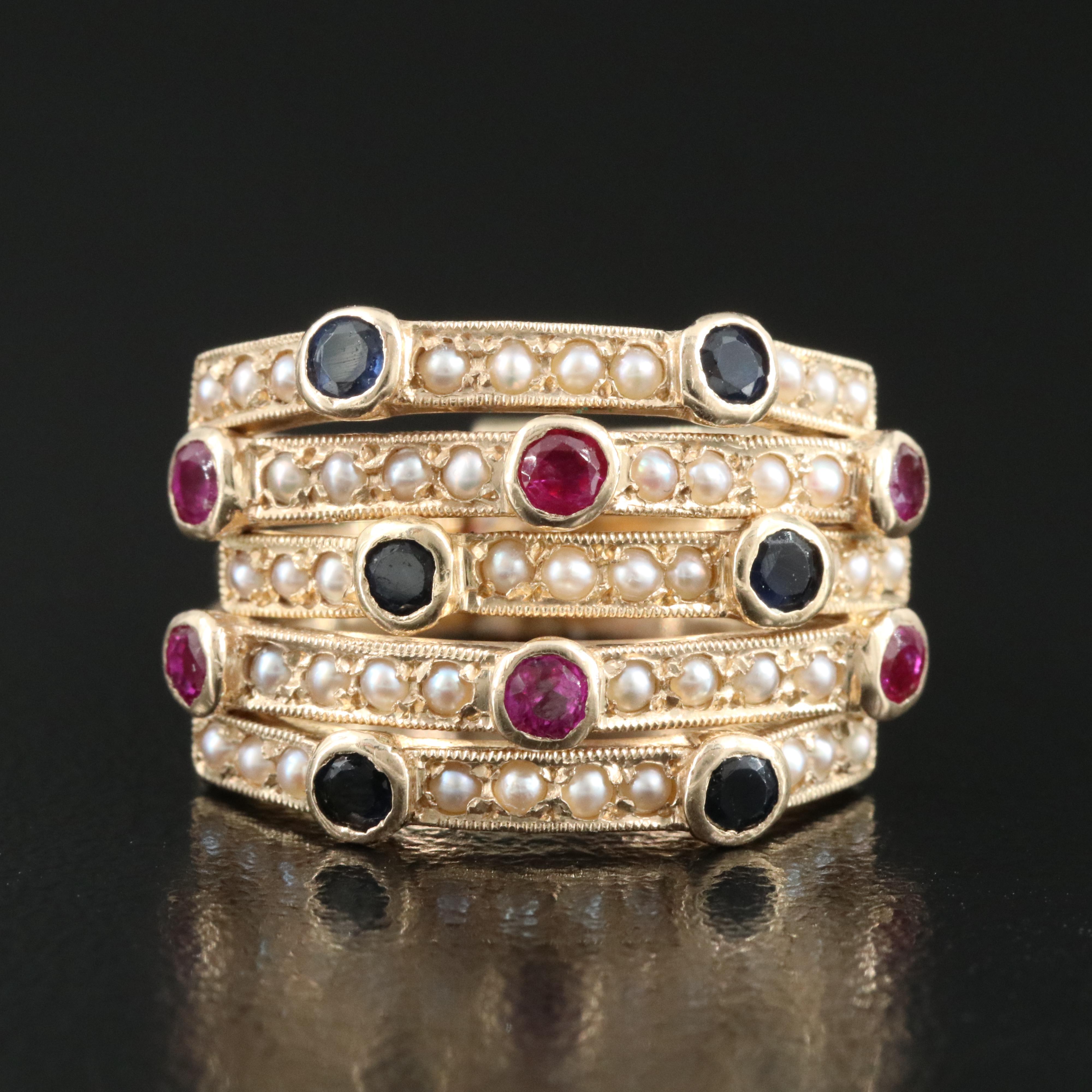 14K Ruby, Sapphire and Pearl Stack Rings