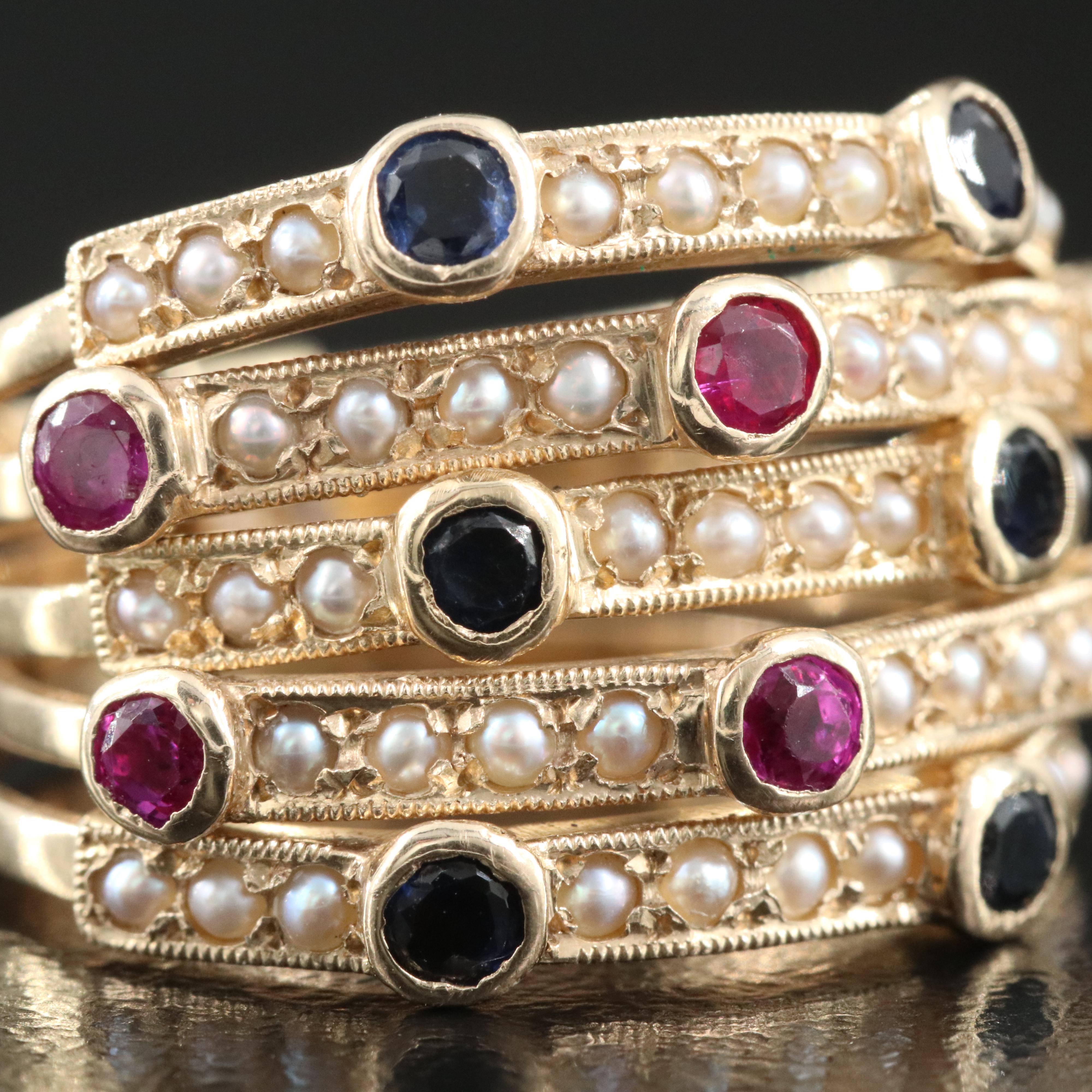 14K Ruby, Sapphire and Pearl Stack Rings