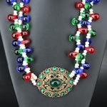 Assembled Jewel Tone Glass, Pearl & Rhinestone Necklace with Vintage Dress Clip
