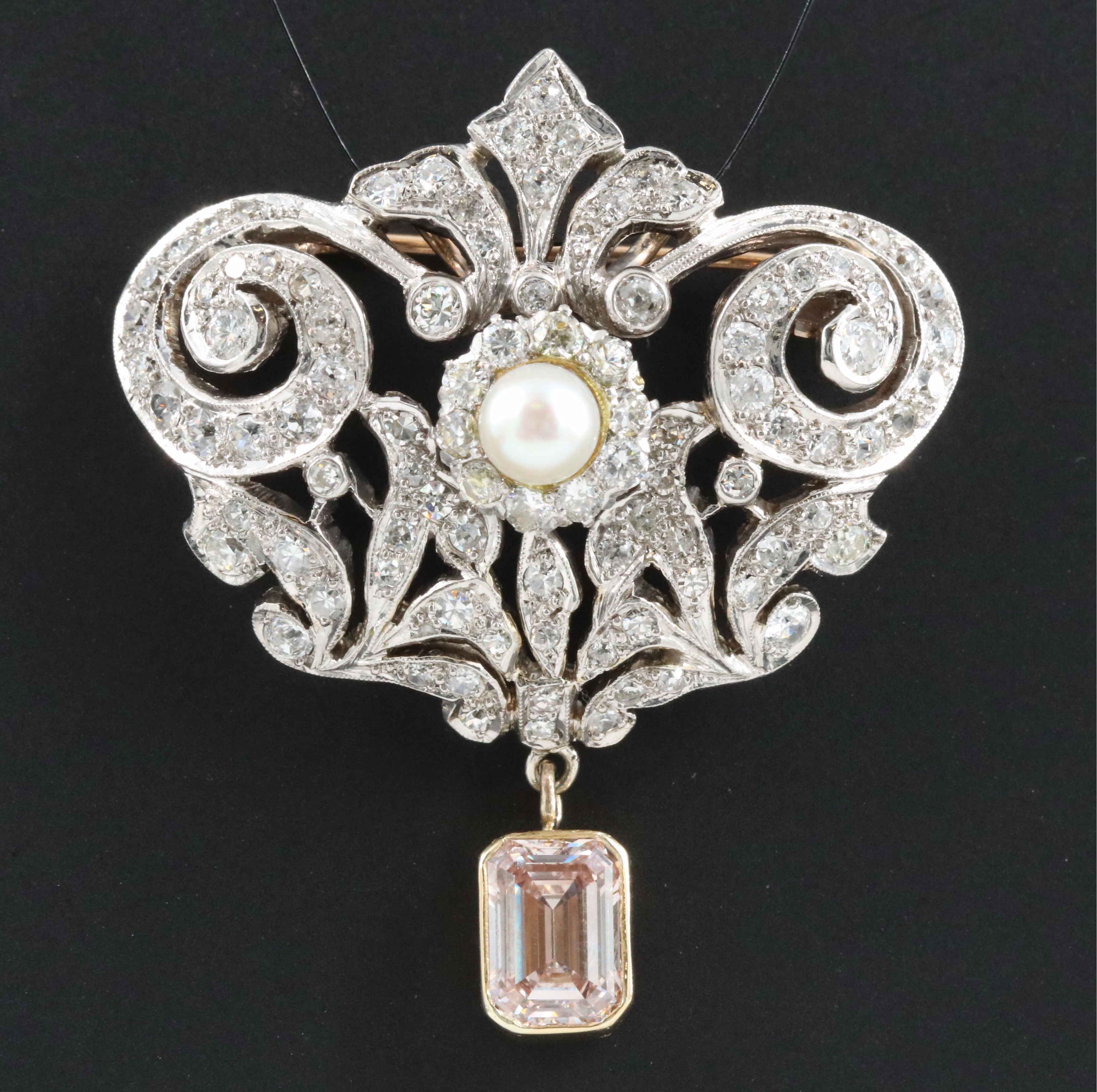 Edwardian 6.26 CTW Diamond & Pearl Brooch with (Origin Undetermined) Fancy Pink
