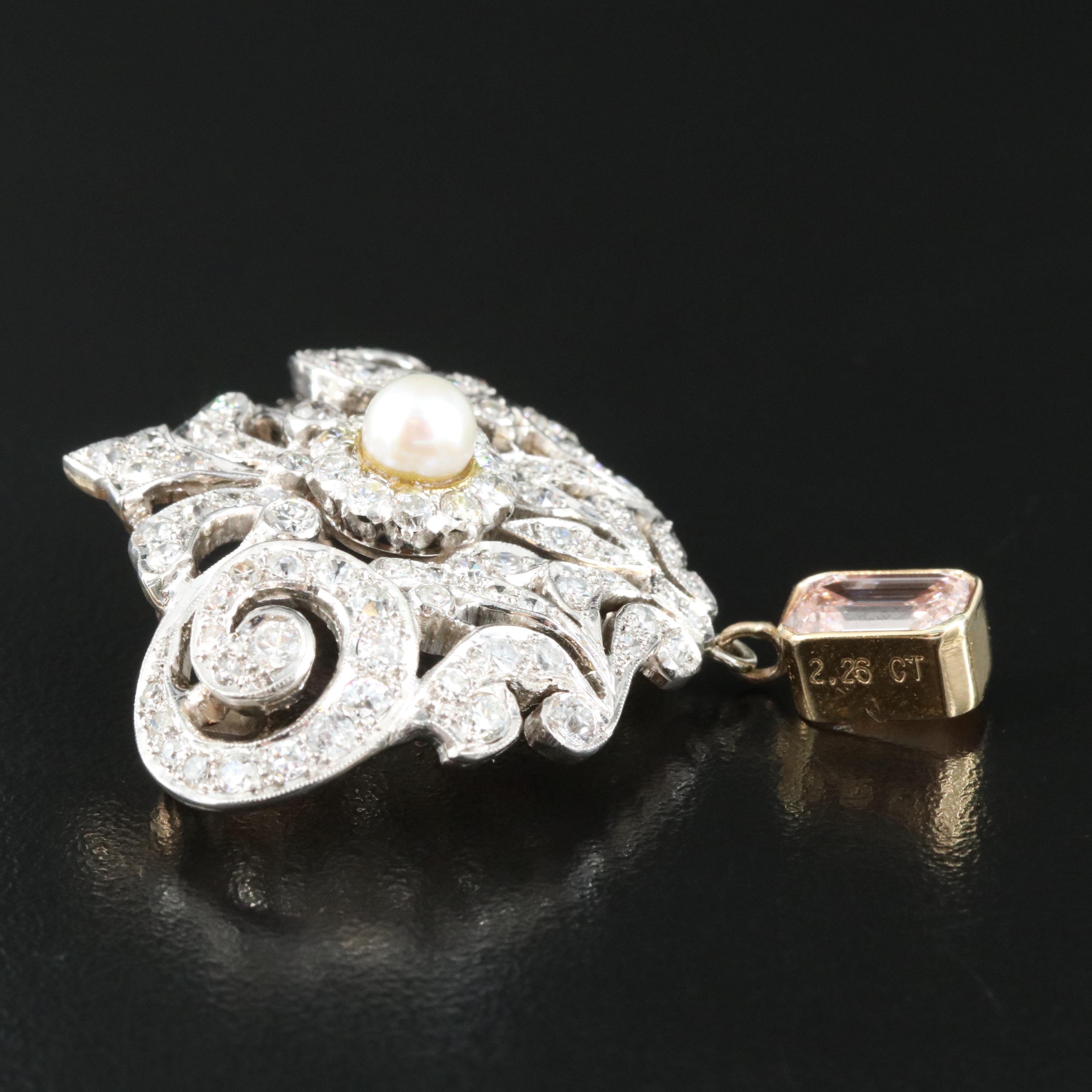 Edwardian 6.26 CTW Diamond & Pearl Brooch with (Origin Undetermined) Fancy Pink