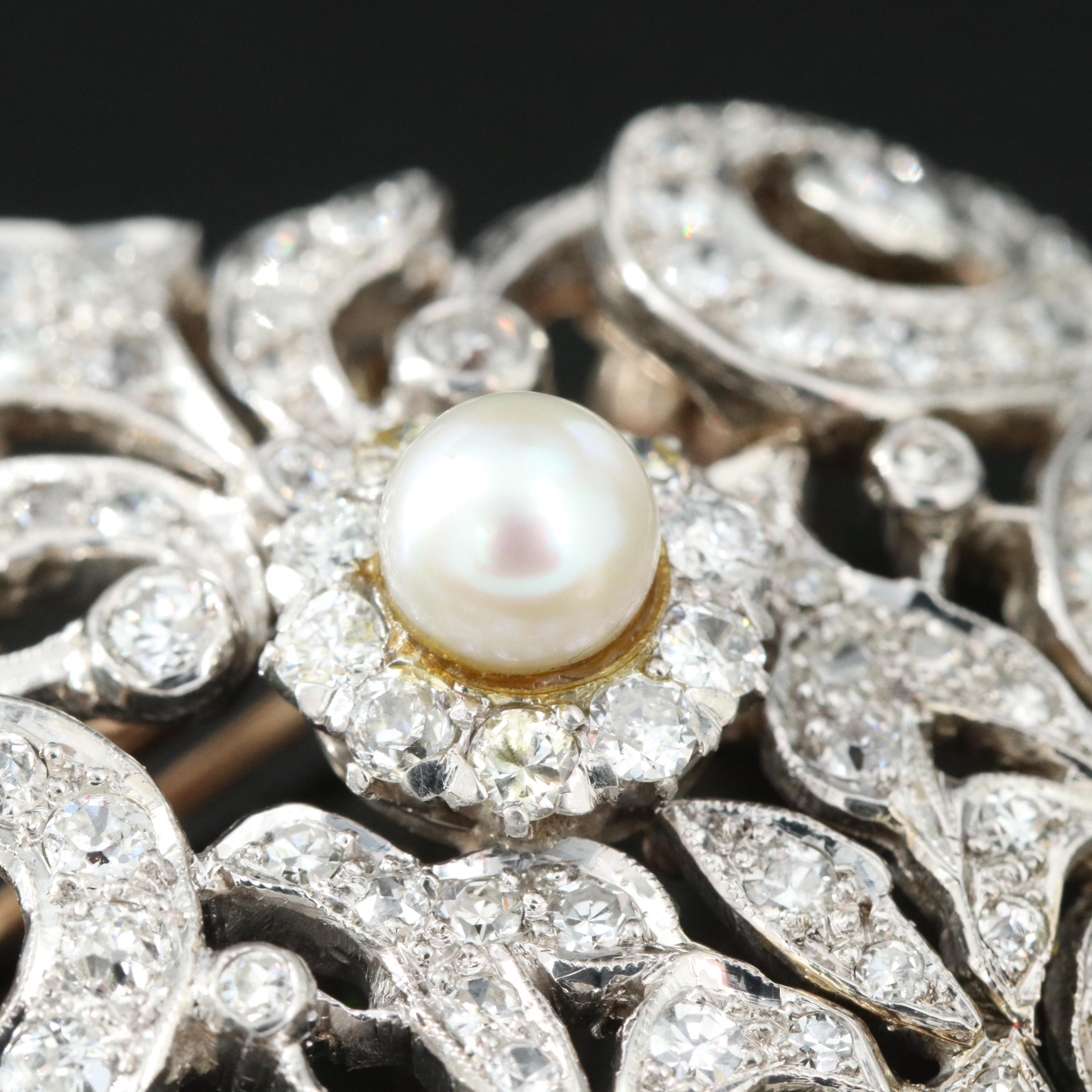 Edwardian 6.26 CTW Diamond & Pearl Brooch with (Origin Undetermined) Fancy Pink