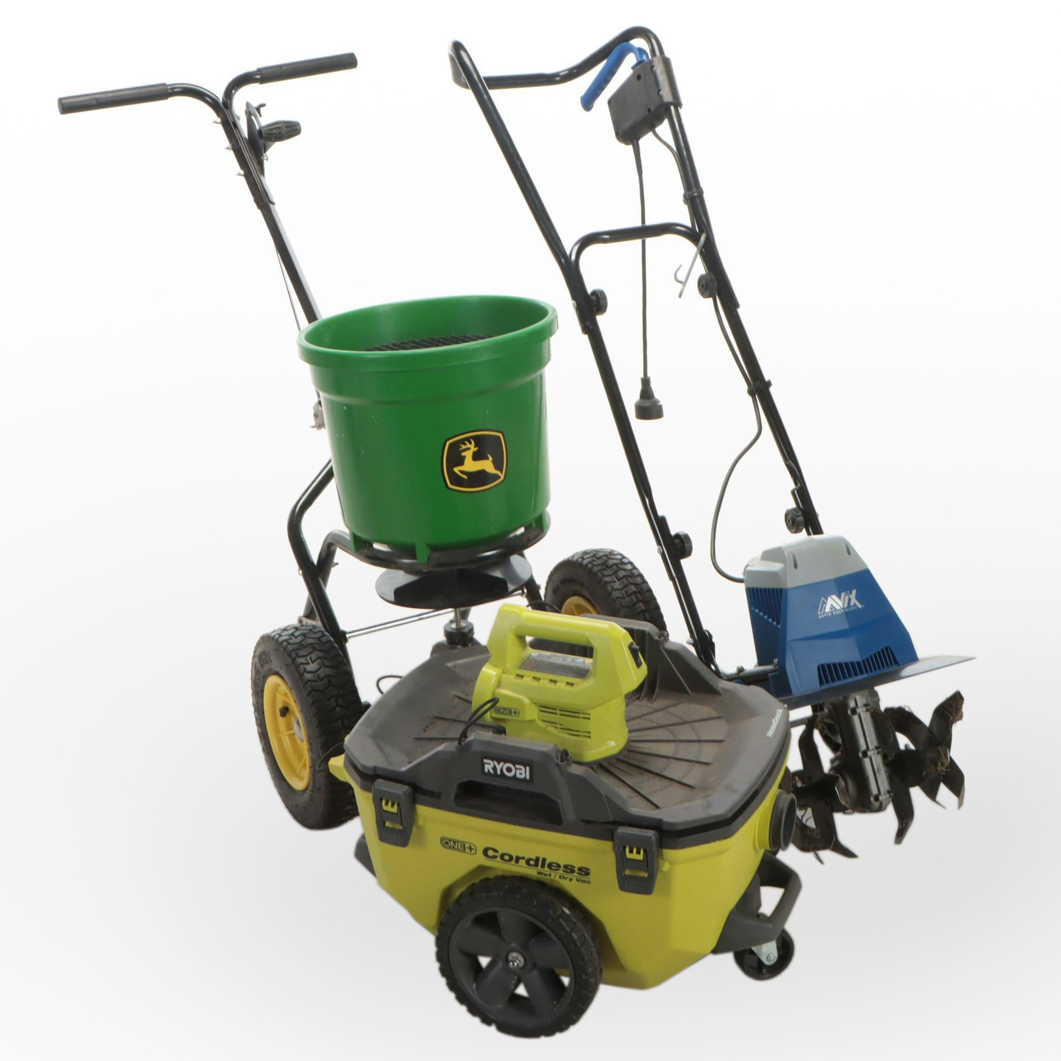 Ryobi Cordless Wet/Dry Vac, Avix Tiller With John Deere Broadcast