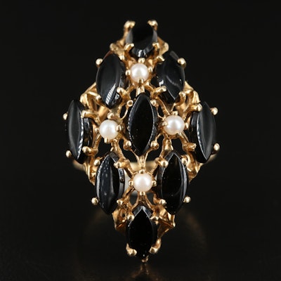 14K Black Onyx and Pearl Ring