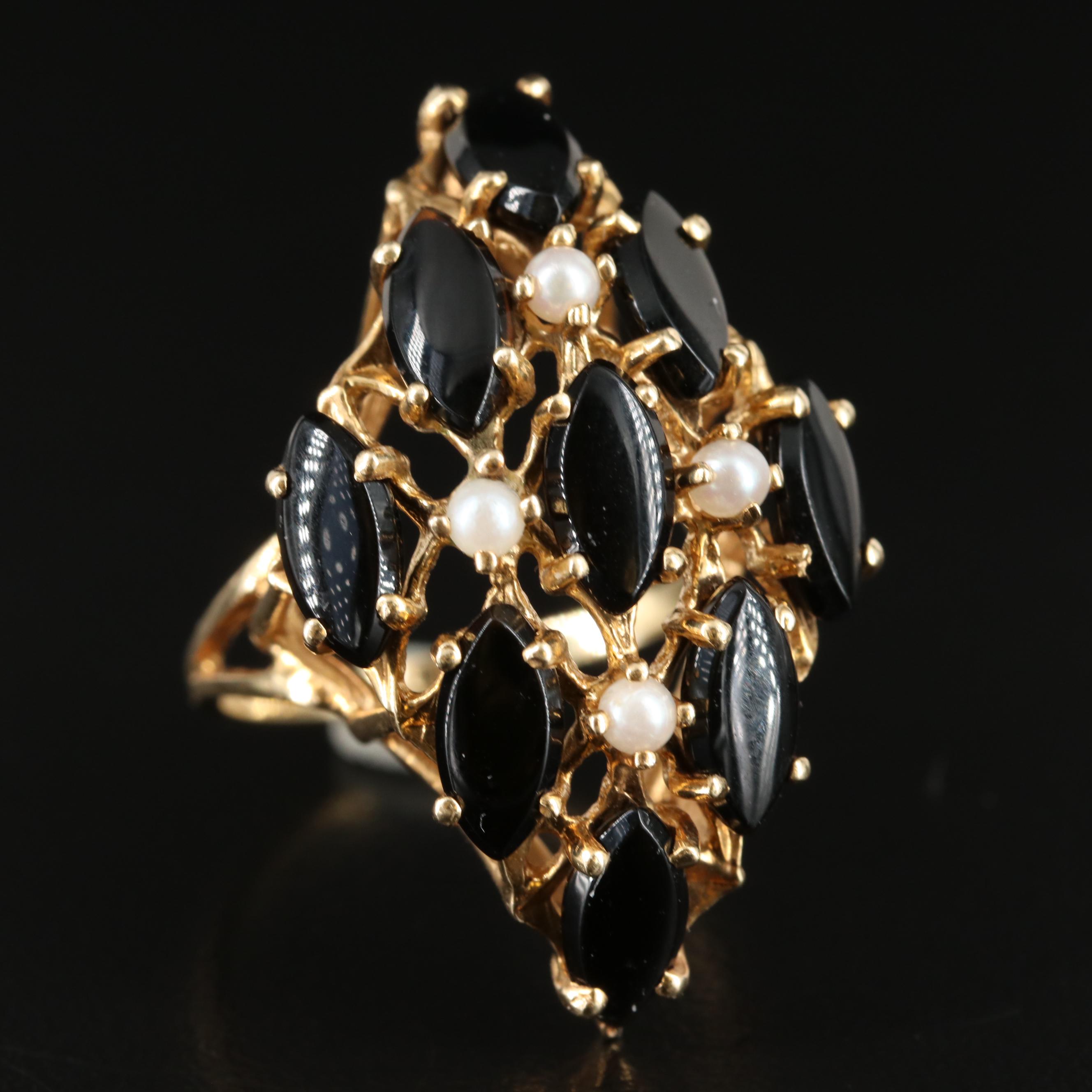 14K Black Onyx and Pearl Ring