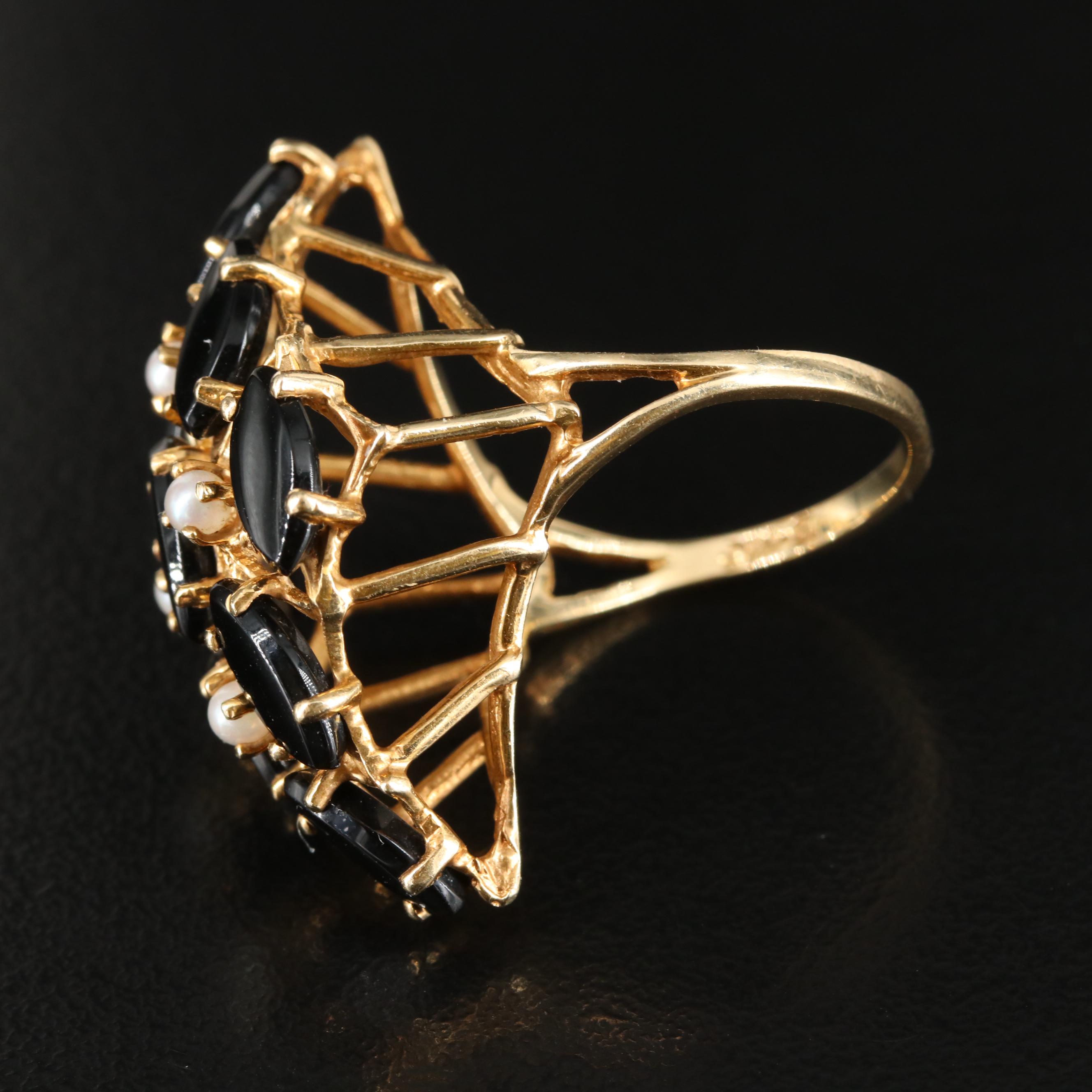 14K Black Onyx and Pearl Ring