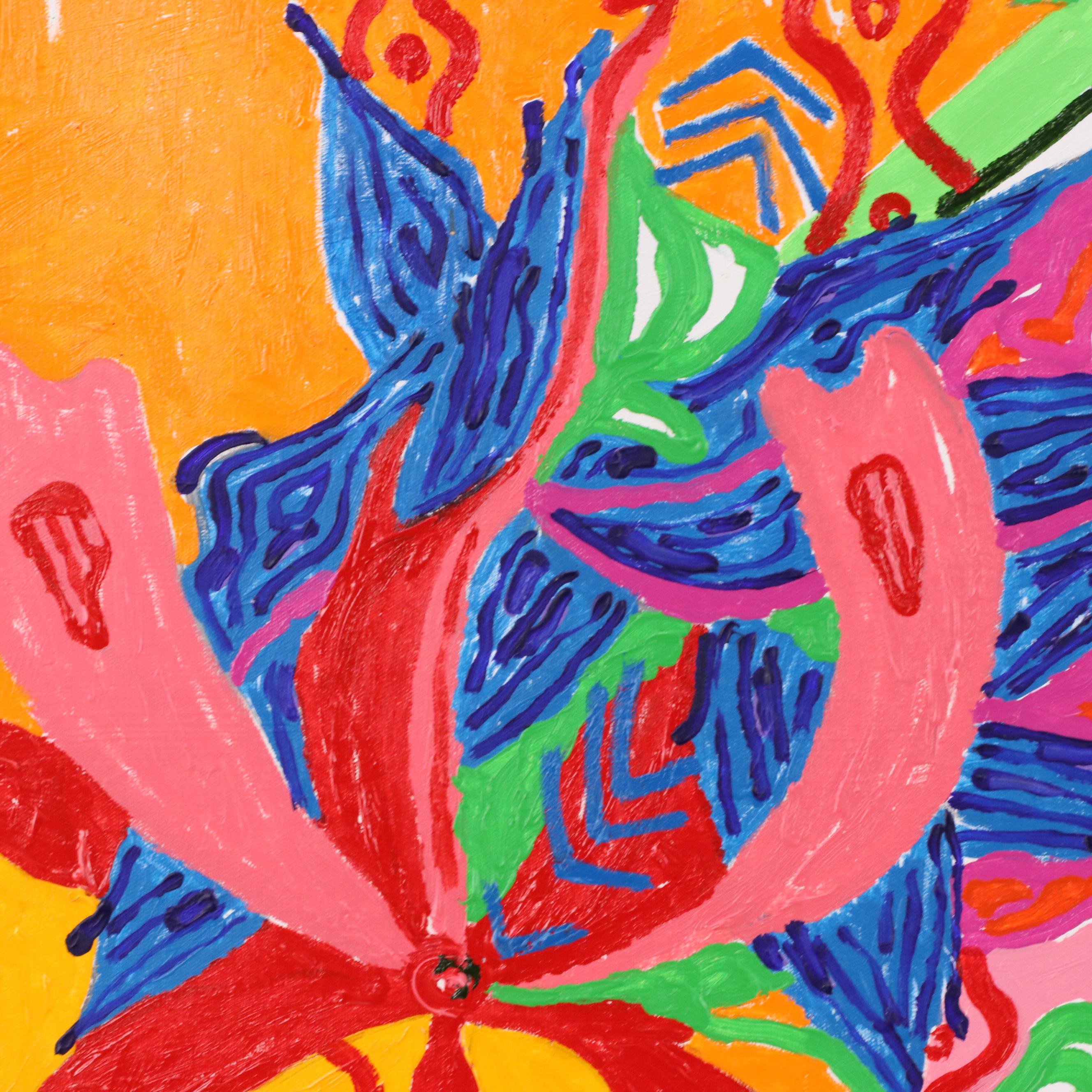 Phyllis Trager Hyman Modernist Oil Painting "Orange Flowers," 2004