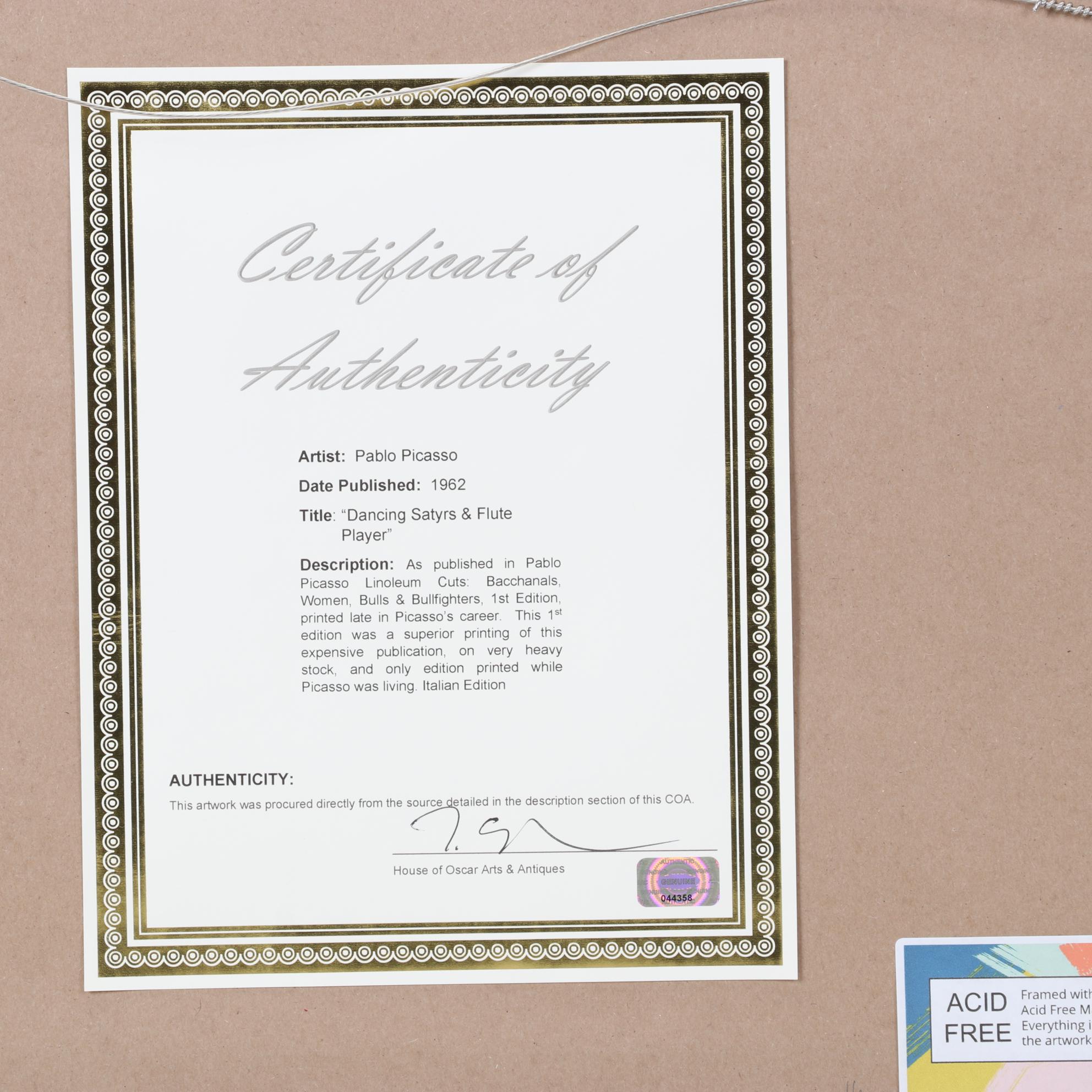 Pablo Picasso Linocut "Dancing Satyrs & Flute Player," 1962