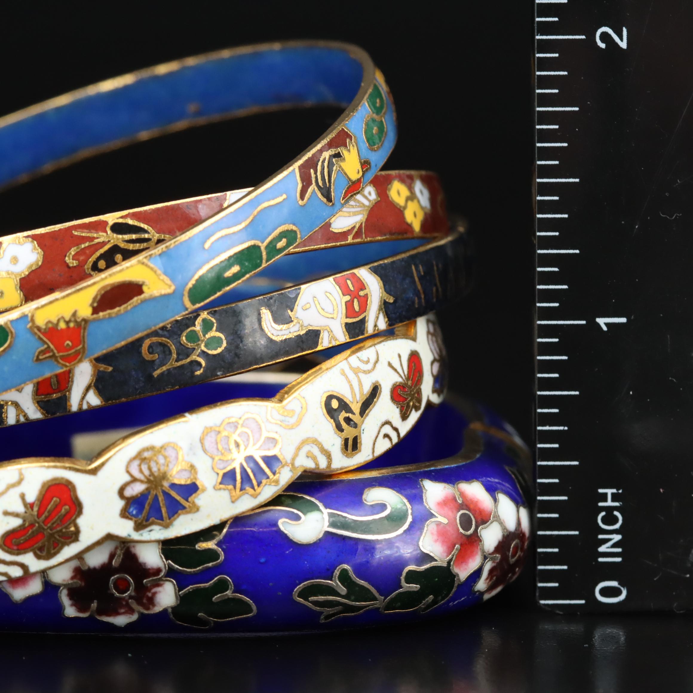 Cloisonné Enamel Bangles Featuring Elephants, Butterflies and Birds