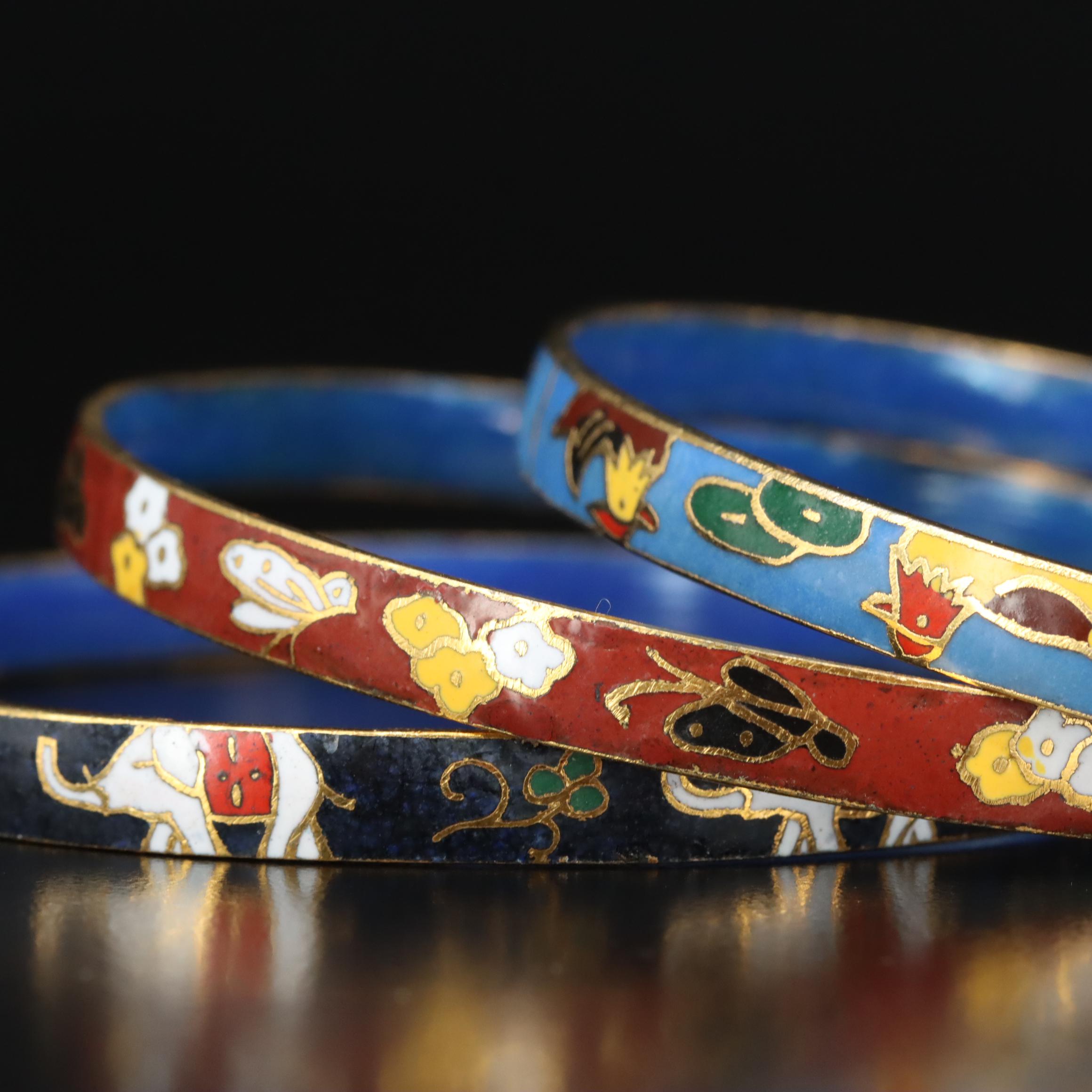 Cloisonné Enamel Bangles Featuring Elephants, Butterflies and Birds