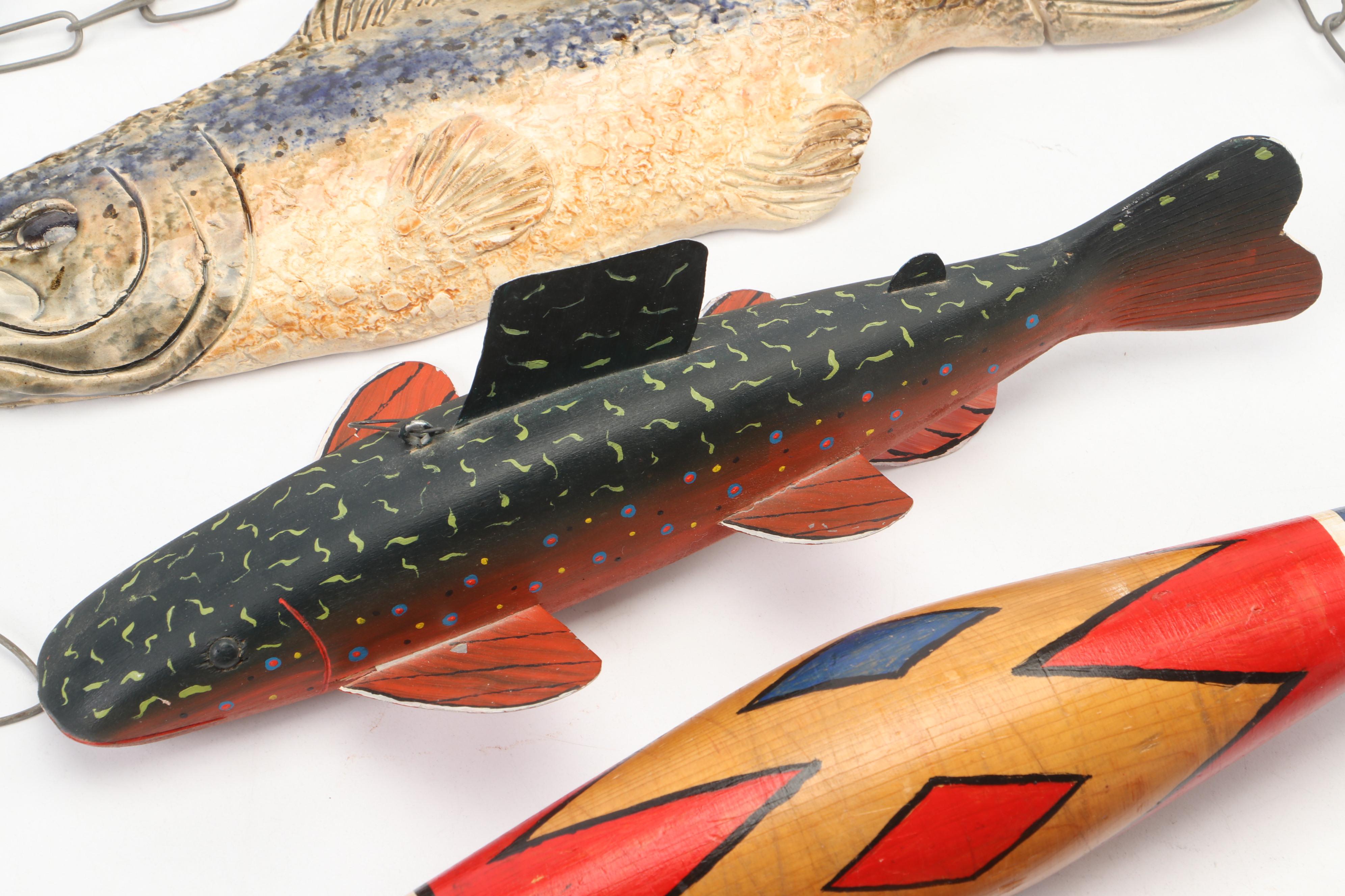 Handmade Ceramic Fish and Wood Fishing Lure Hanging Decorations