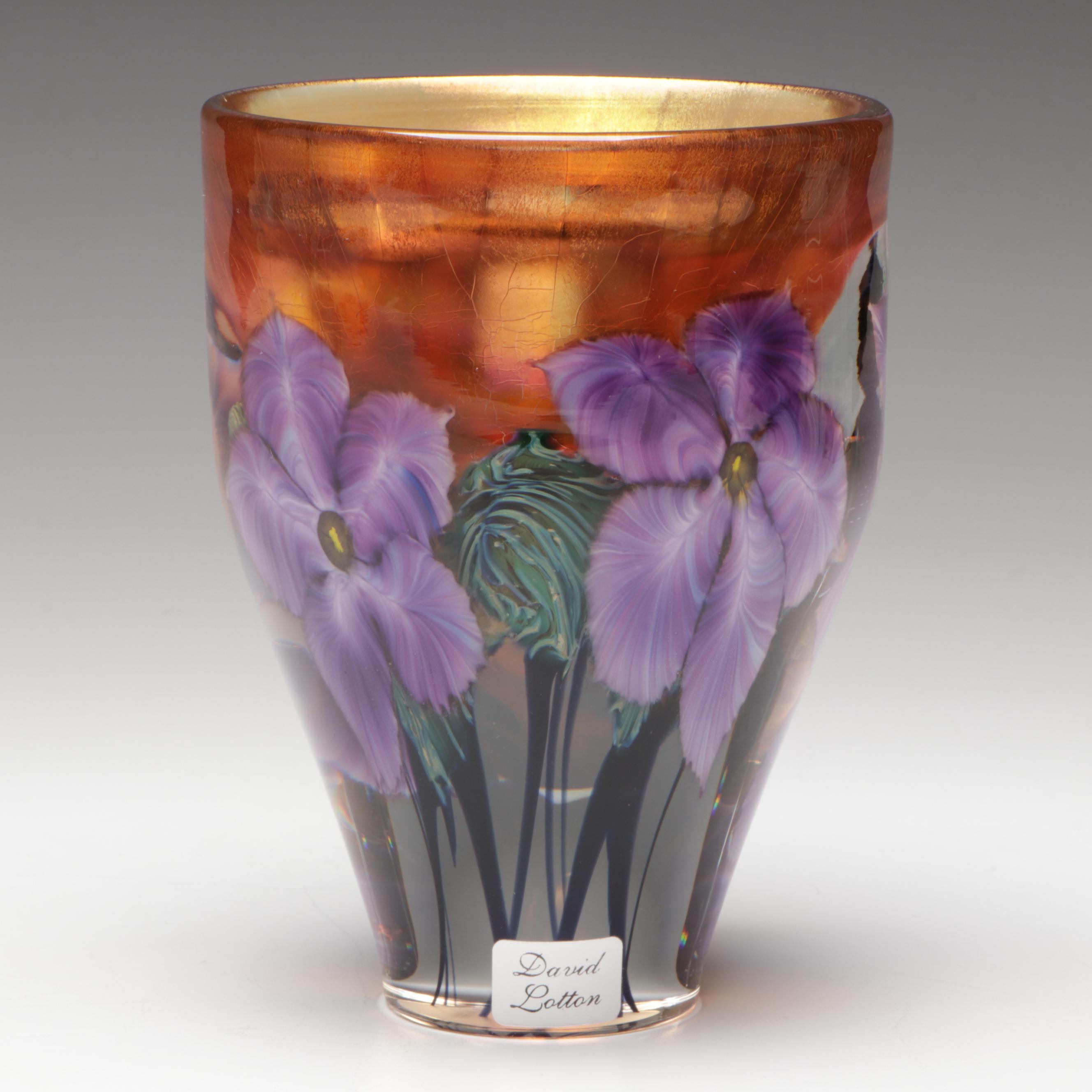 David Lotton Handblown Iridescent Floral Studio Art Glass Vase, 2002