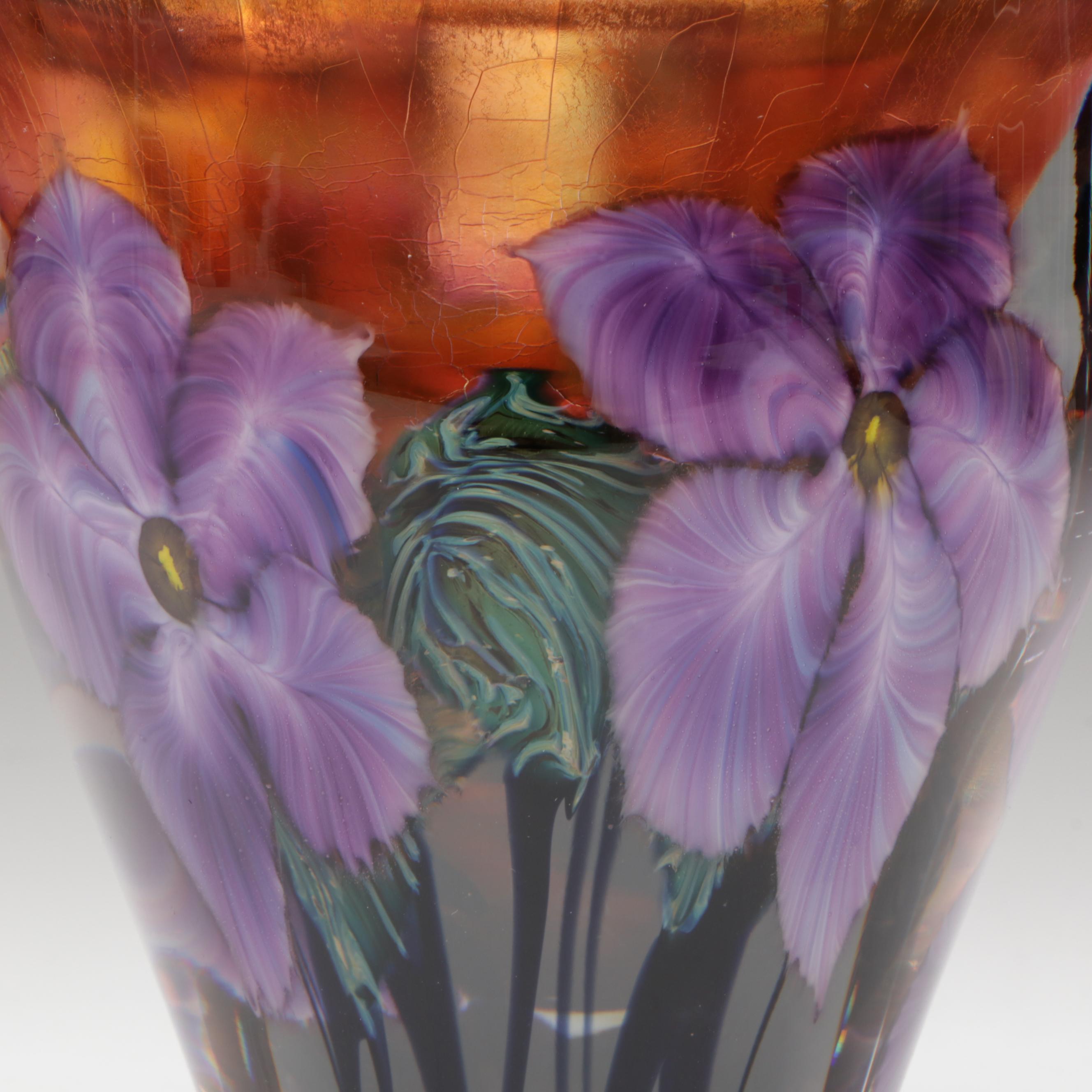 David Lotton Handblown Iridescent Floral Studio Art Glass Vase, 2002