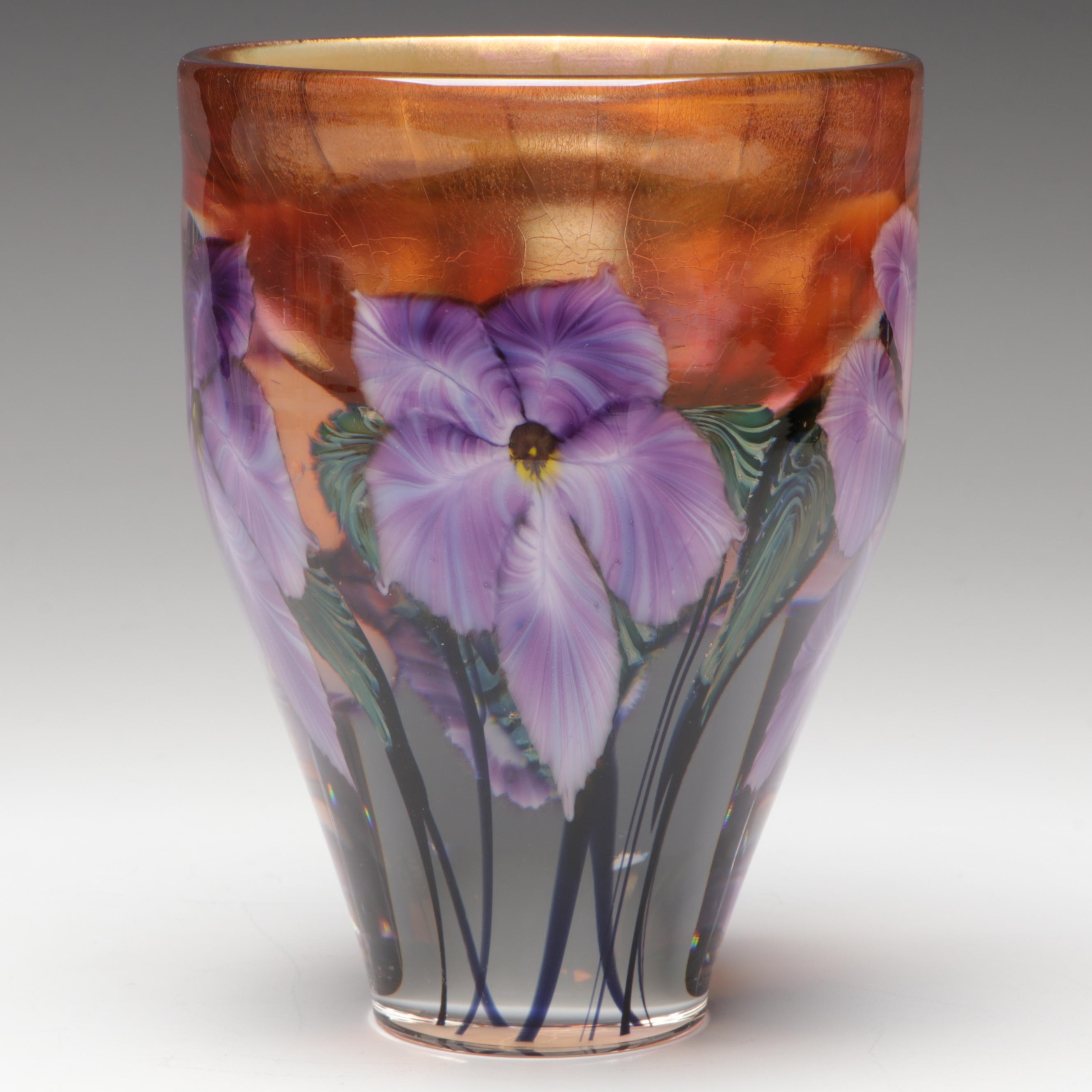 David Lotton Handblown Iridescent Floral Studio Art Glass Vase, 2002