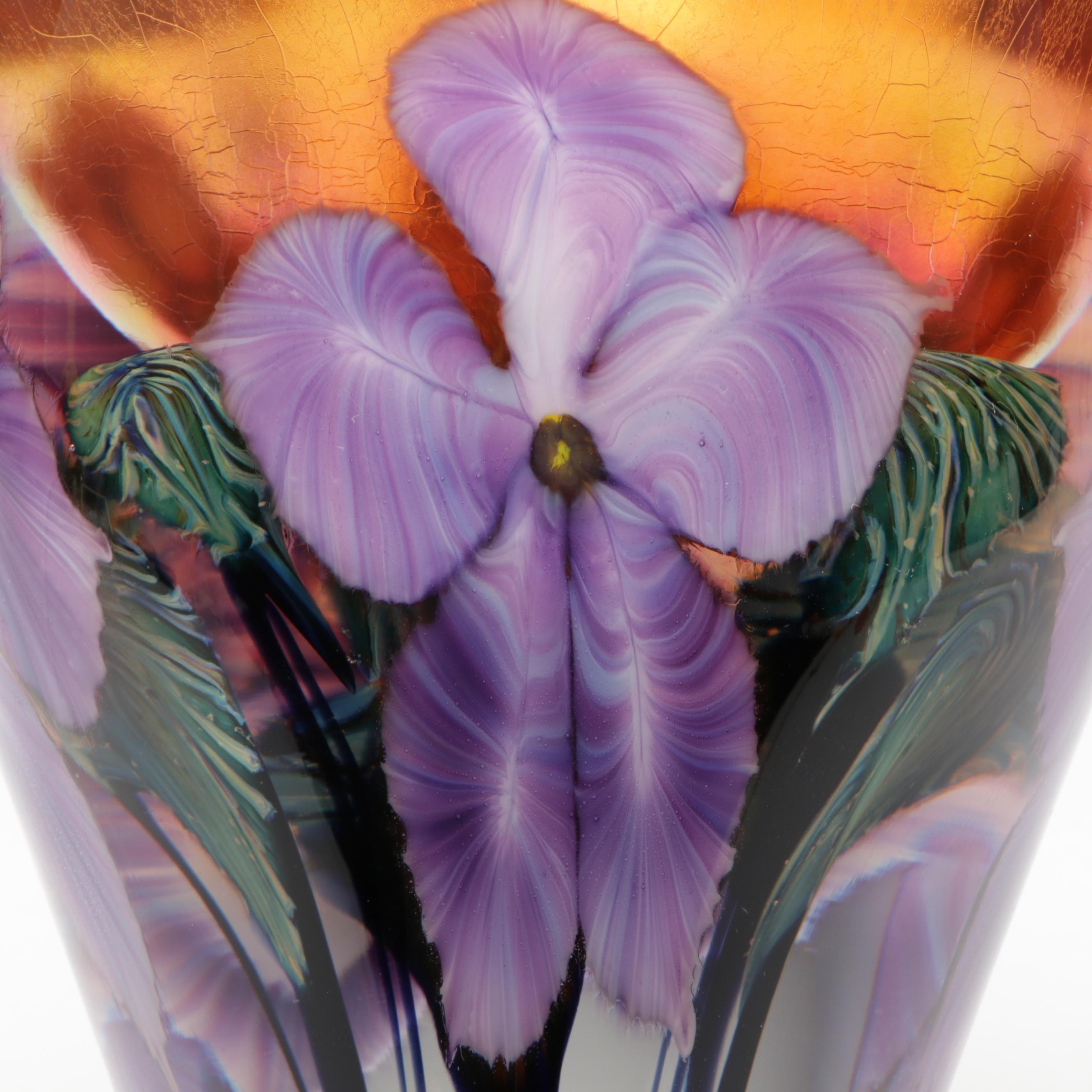 David Lotton Handblown Iridescent Floral Studio Art Glass Vase, 2002