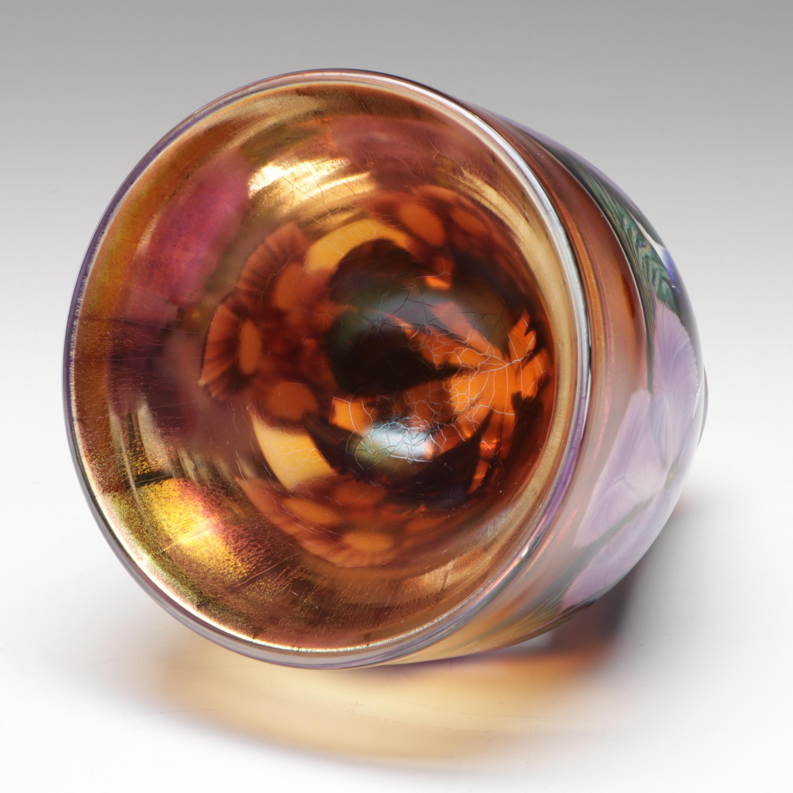 David Lotton Handblown Iridescent Floral Studio Art Glass Vase, 2002