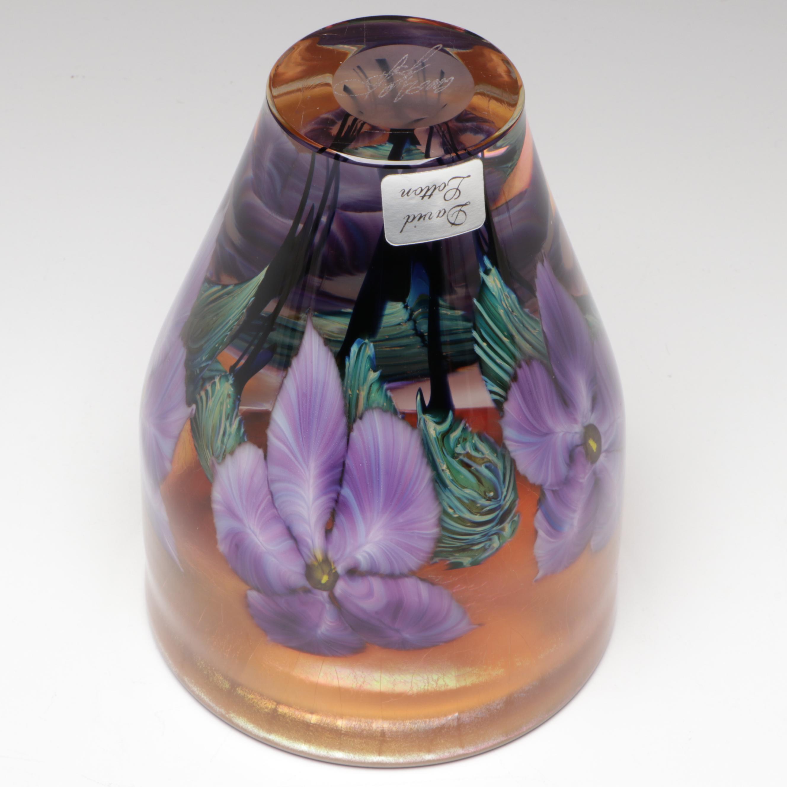 David Lotton Handblown Iridescent Floral Studio Art Glass Vase, 2002