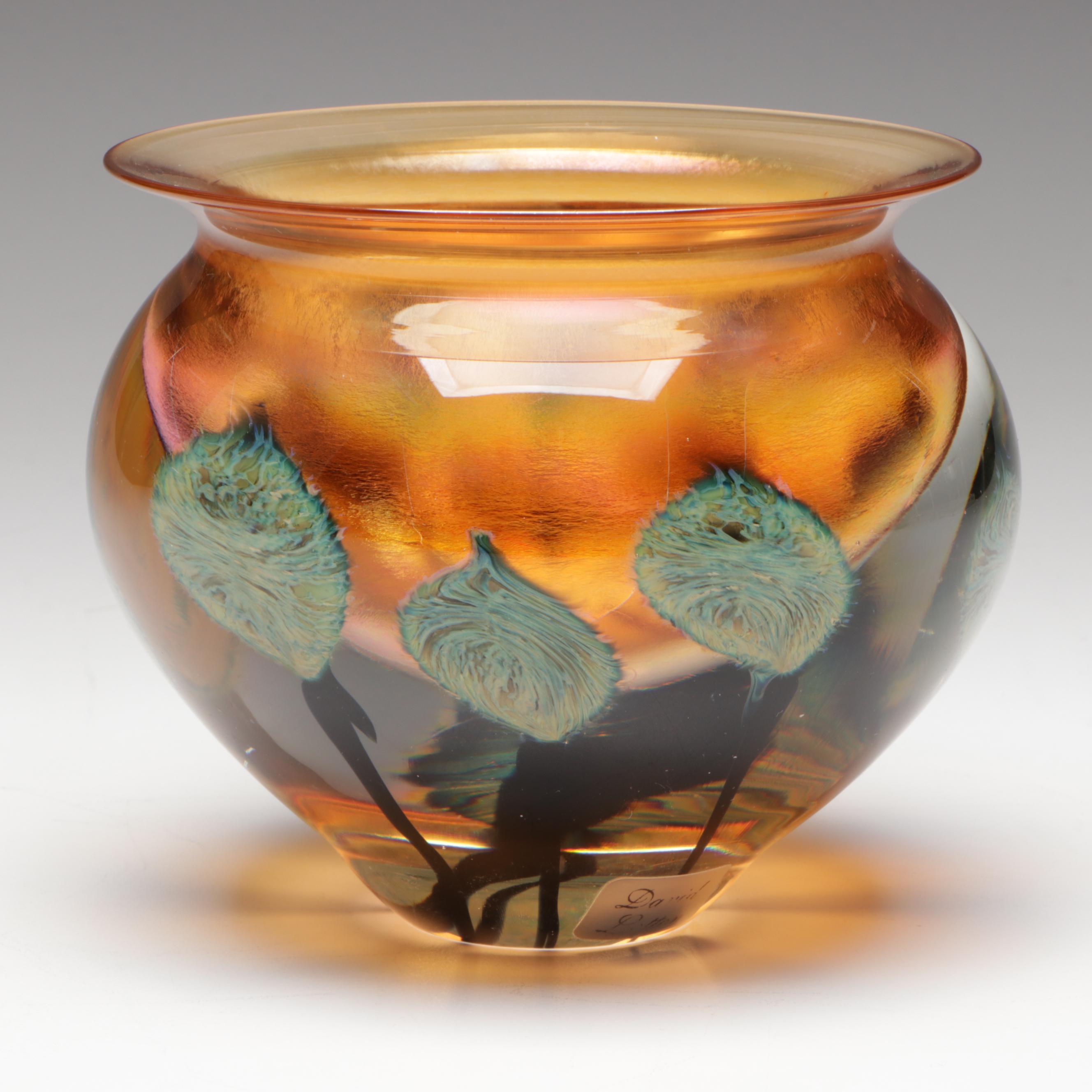 David Lotton "Leaf & Vine" Handblown Iridescent Studio Art Glass Vase, 2000