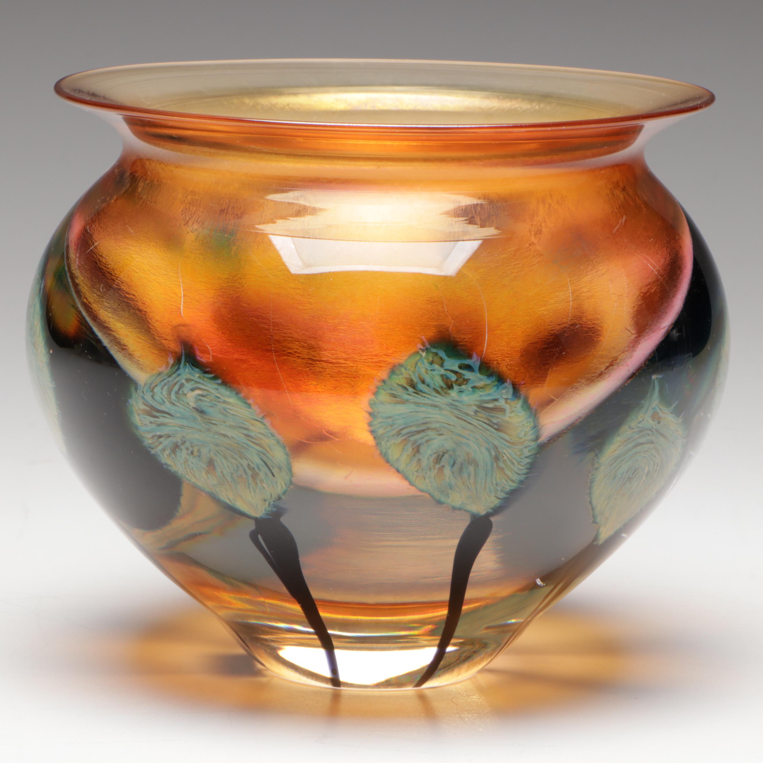 David Lotton "Leaf & Vine" Handblown Iridescent Studio Art Glass Vase, 2000