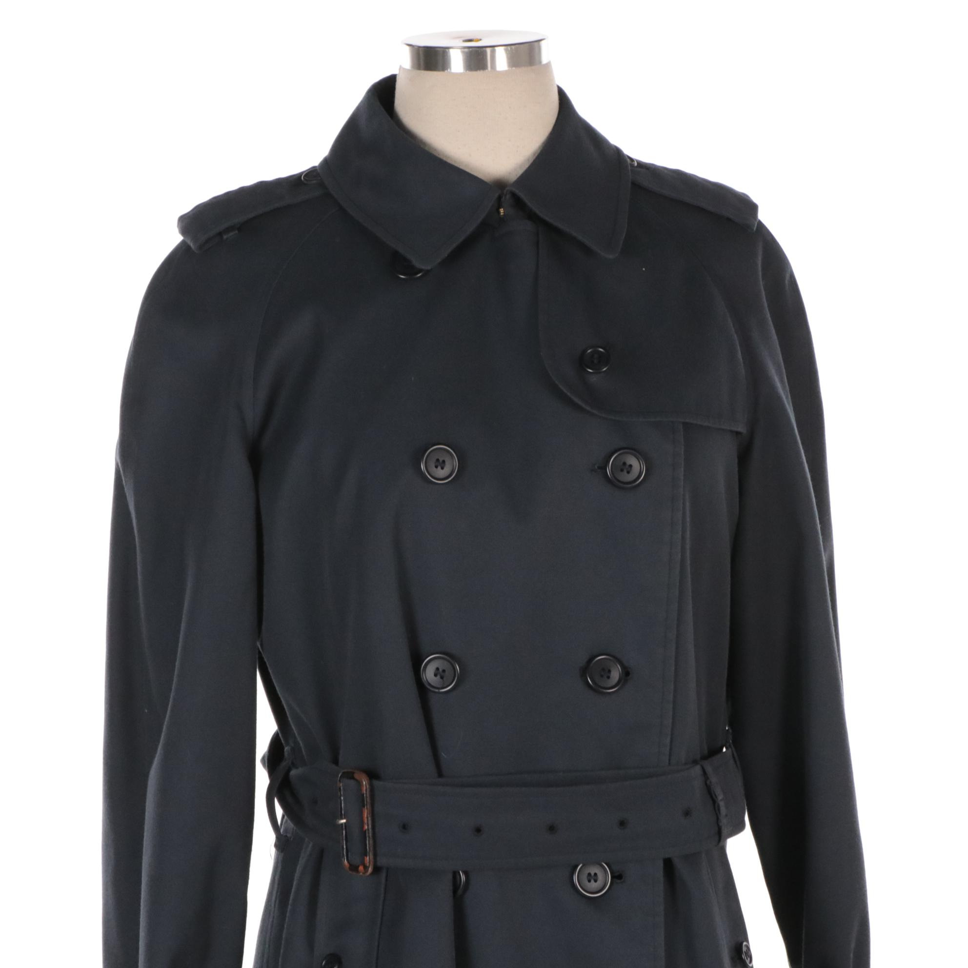 Burberrys Blue Double-Breasted Trench Coat with Detachable Wool Lining