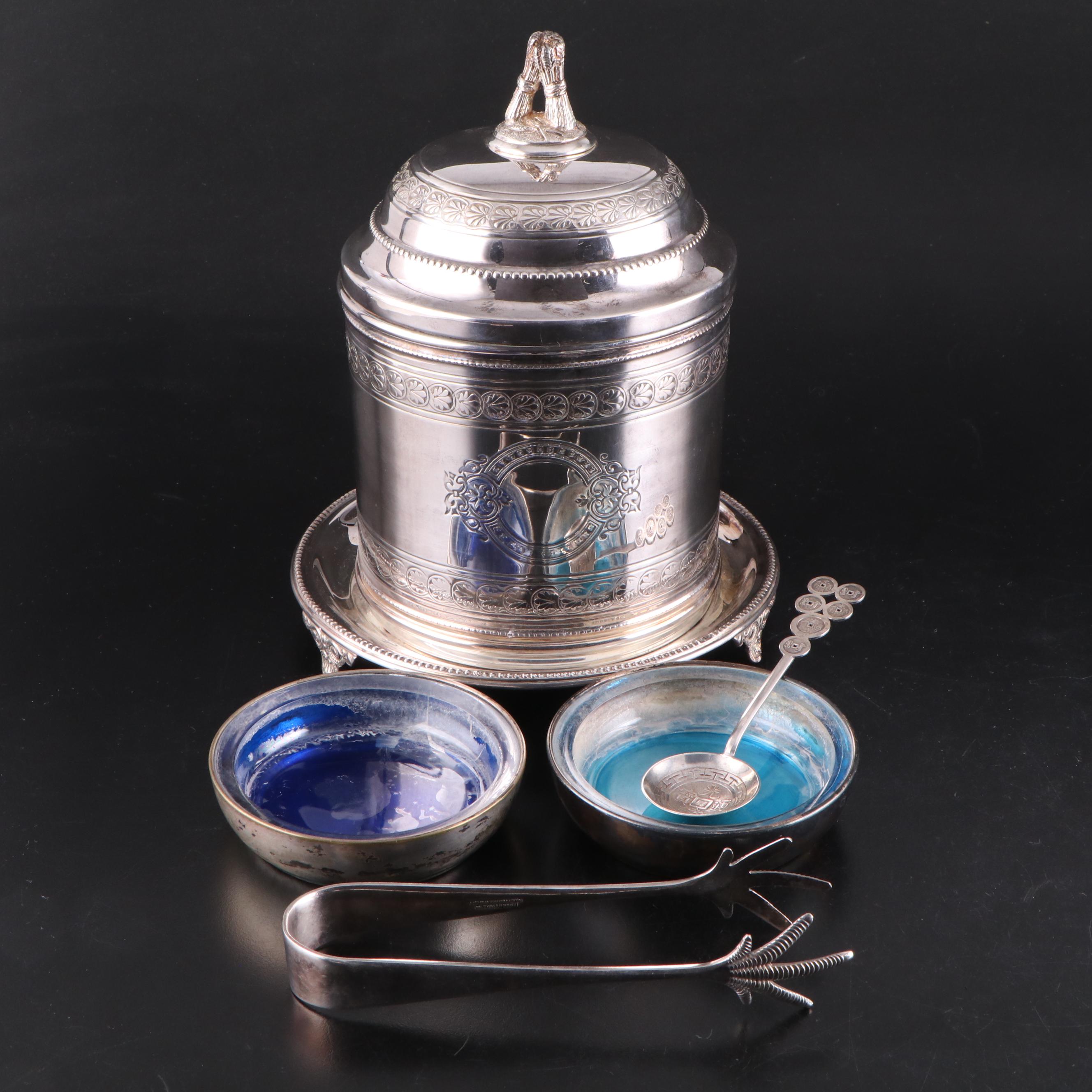Silver Plate Tobacco Jar with Tongs, Spoon and Bottle Coasters