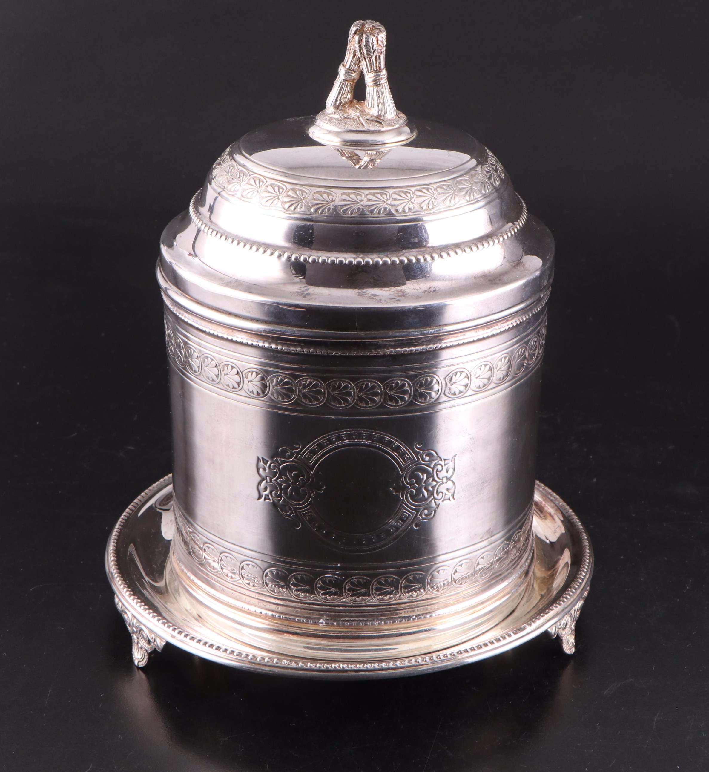 Silver Plate Tobacco Jar with Tongs, Spoon and Bottle Coasters