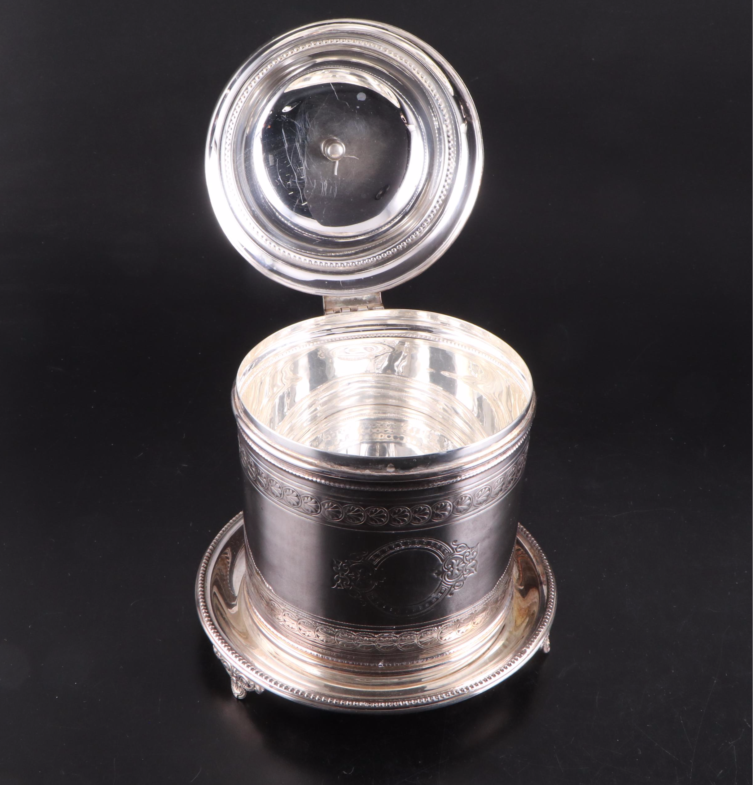 Silver Plate Tobacco Jar with Tongs, Spoon and Bottle Coasters