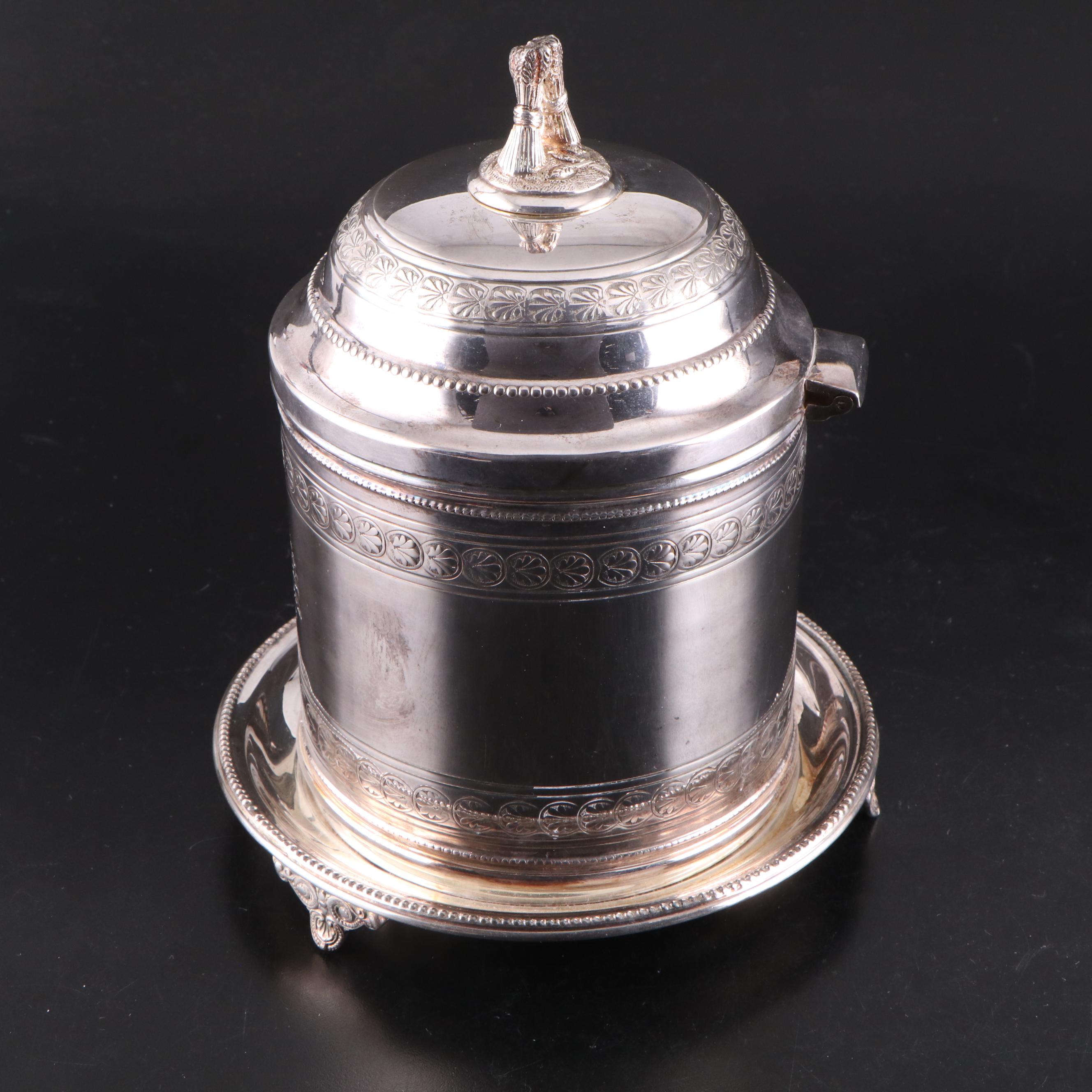 Silver Plate Tobacco Jar with Tongs, Spoon and Bottle Coasters