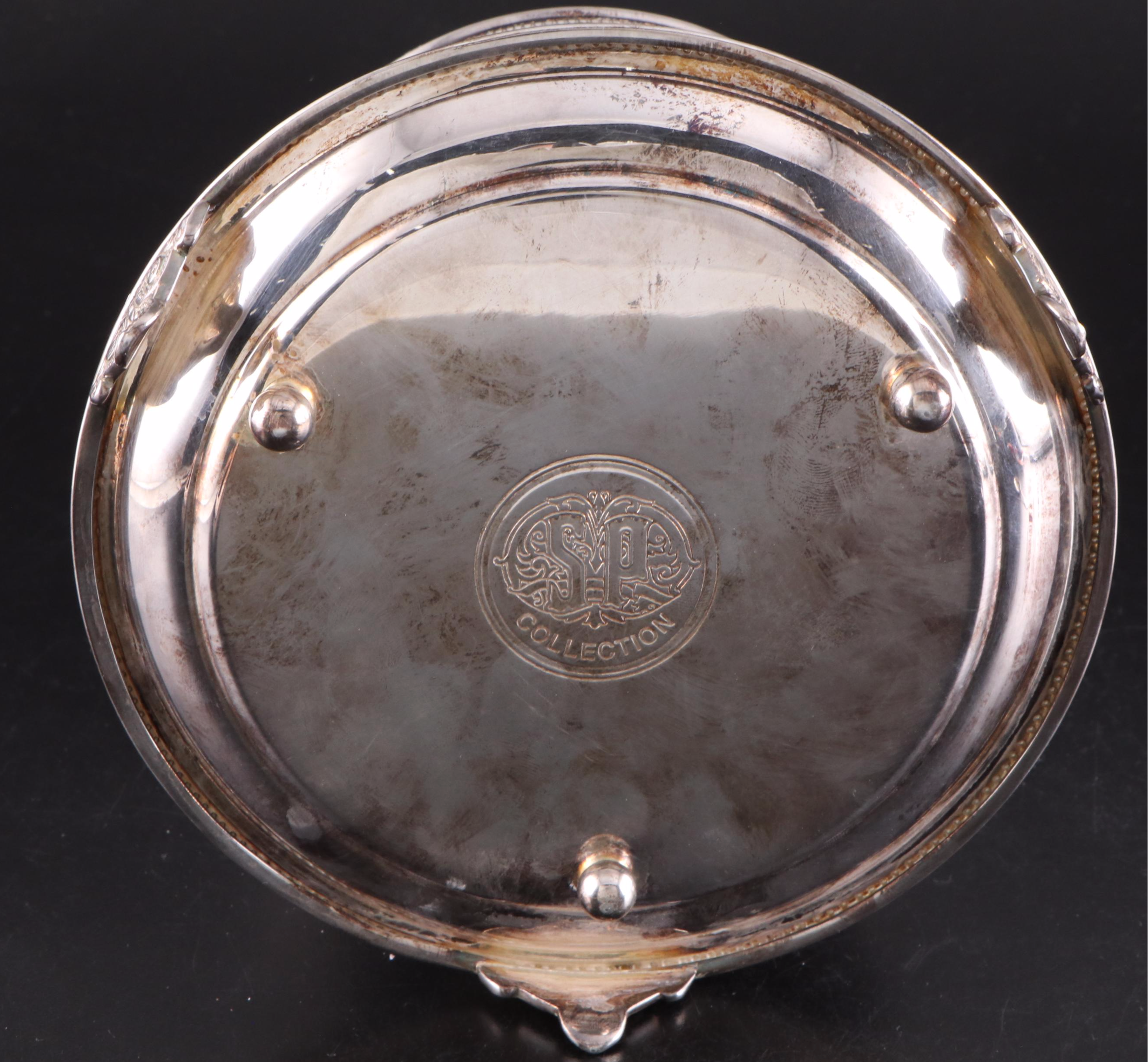 Silver Plate Tobacco Jar with Tongs, Spoon and Bottle Coasters