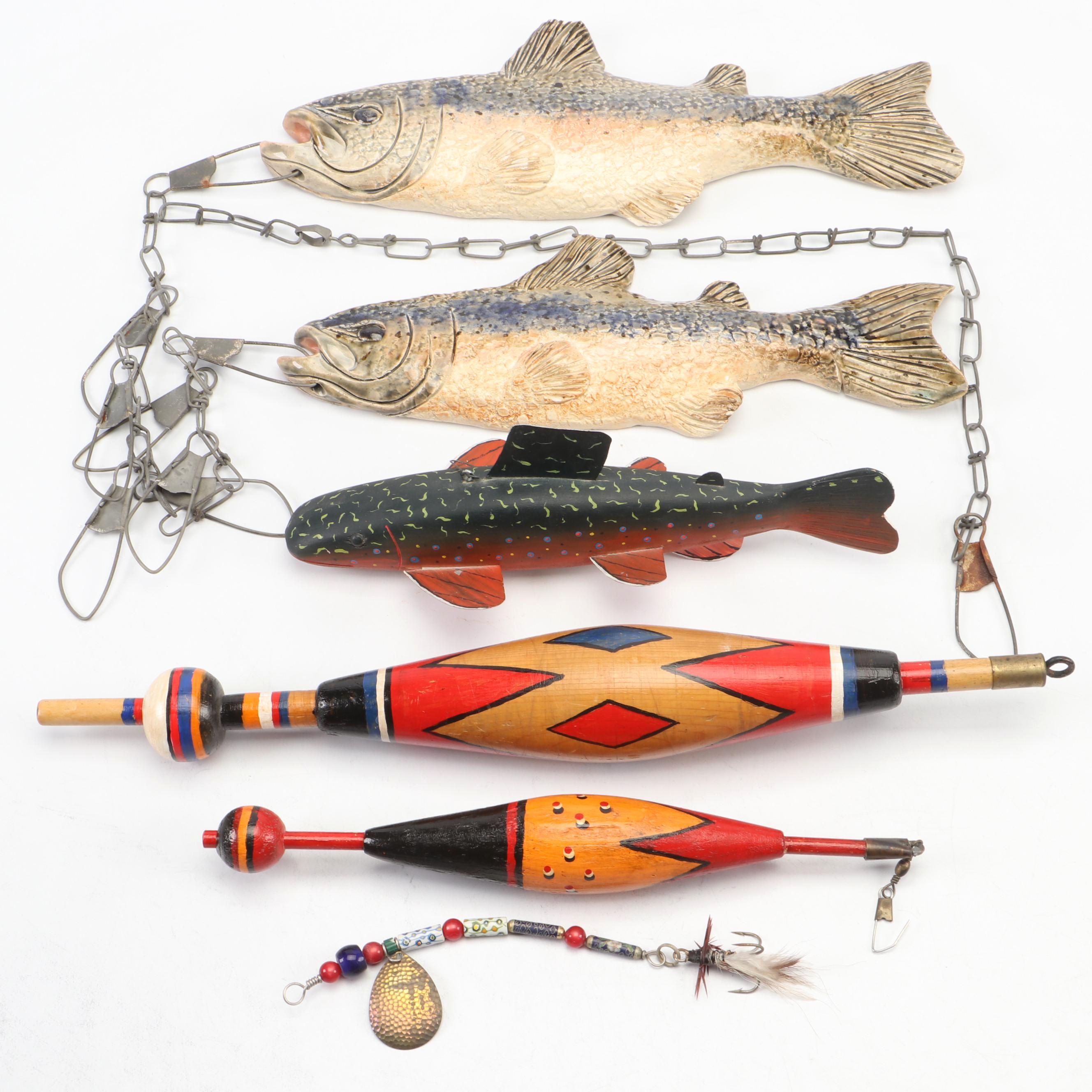 Handmade Ceramic Fish and Wood Fishing Lure Hanging Decorations
