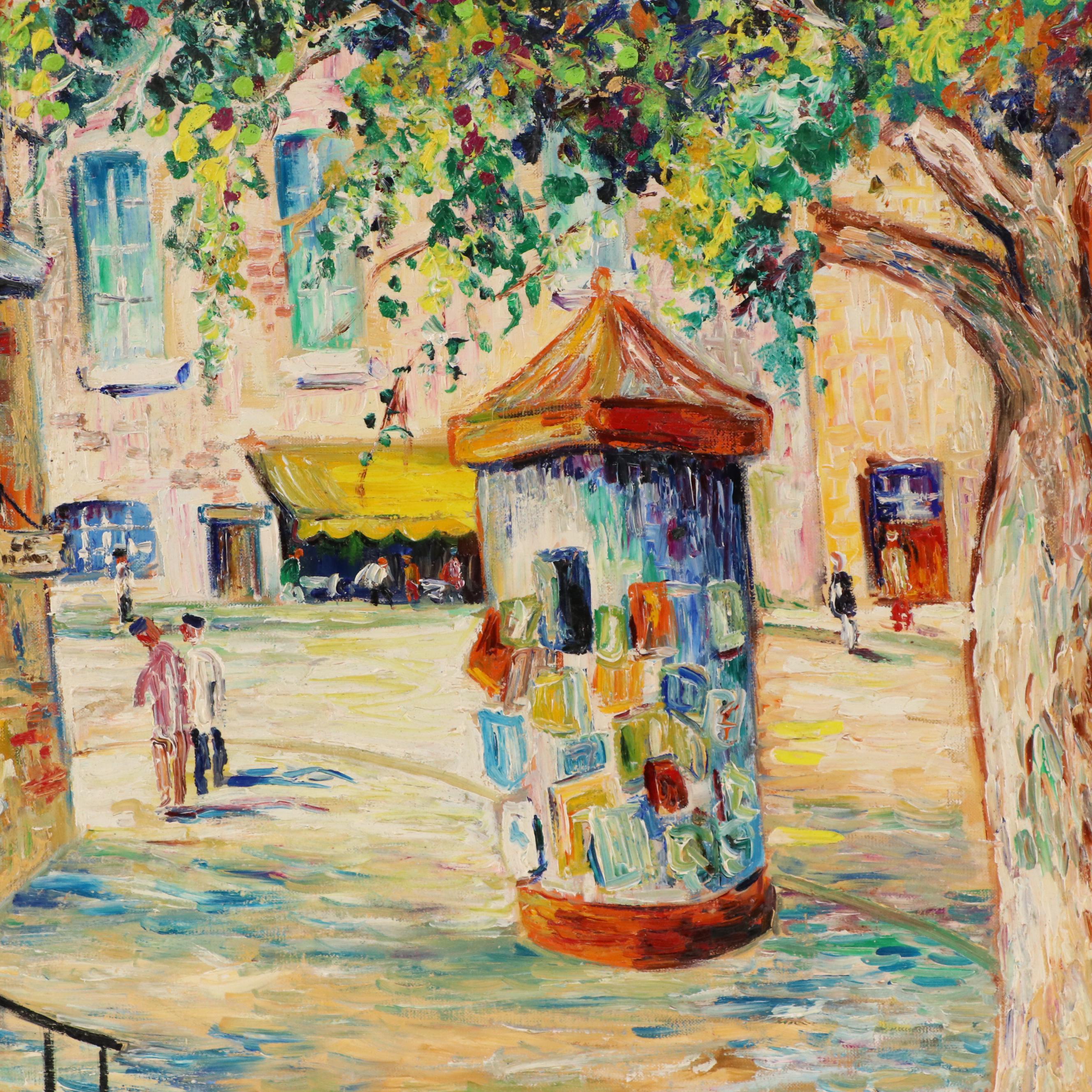 Jade Pasteur Oil Painting of Street Scene, Mid-20th Century