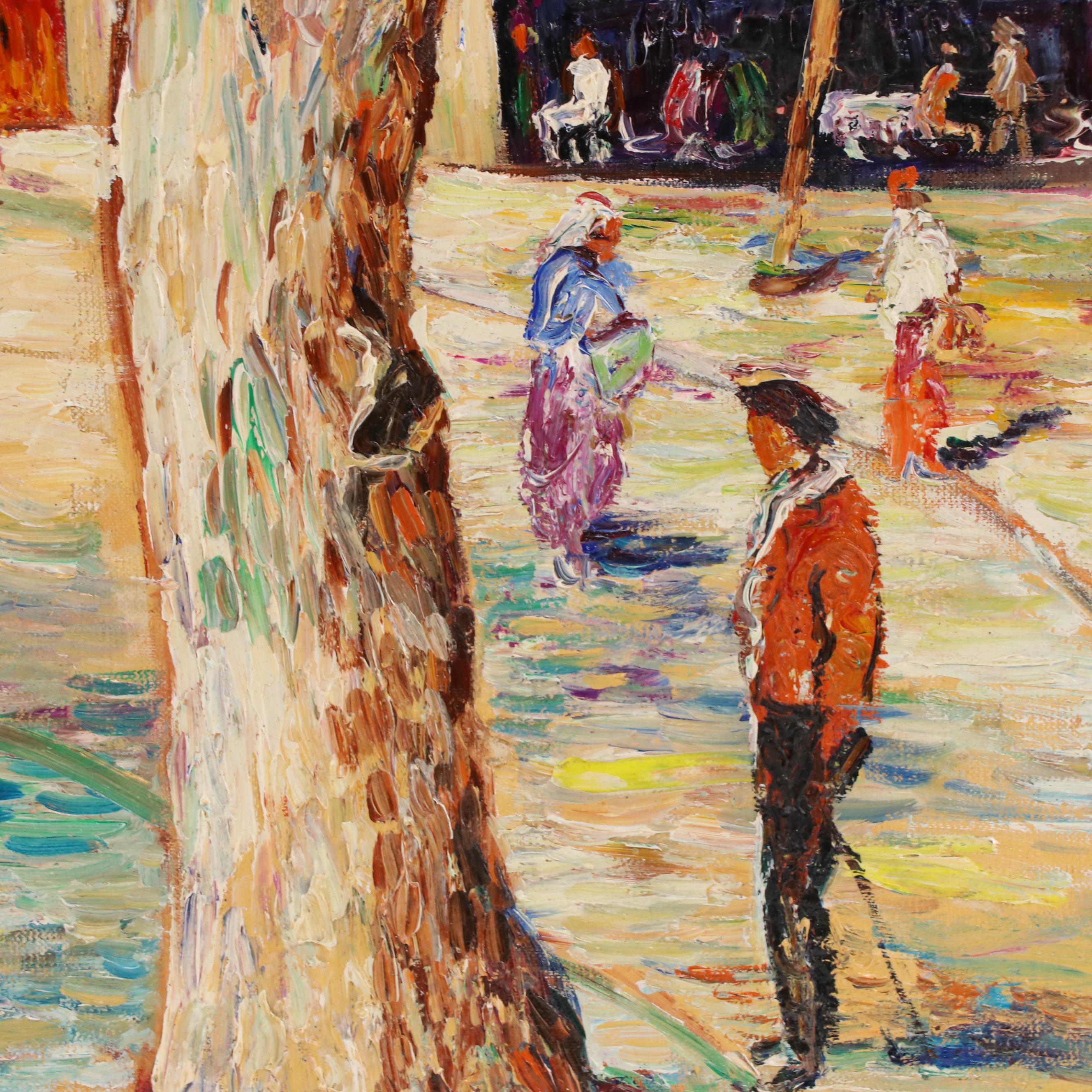 Jade Pasteur Oil Painting of Street Scene, Mid-20th Century