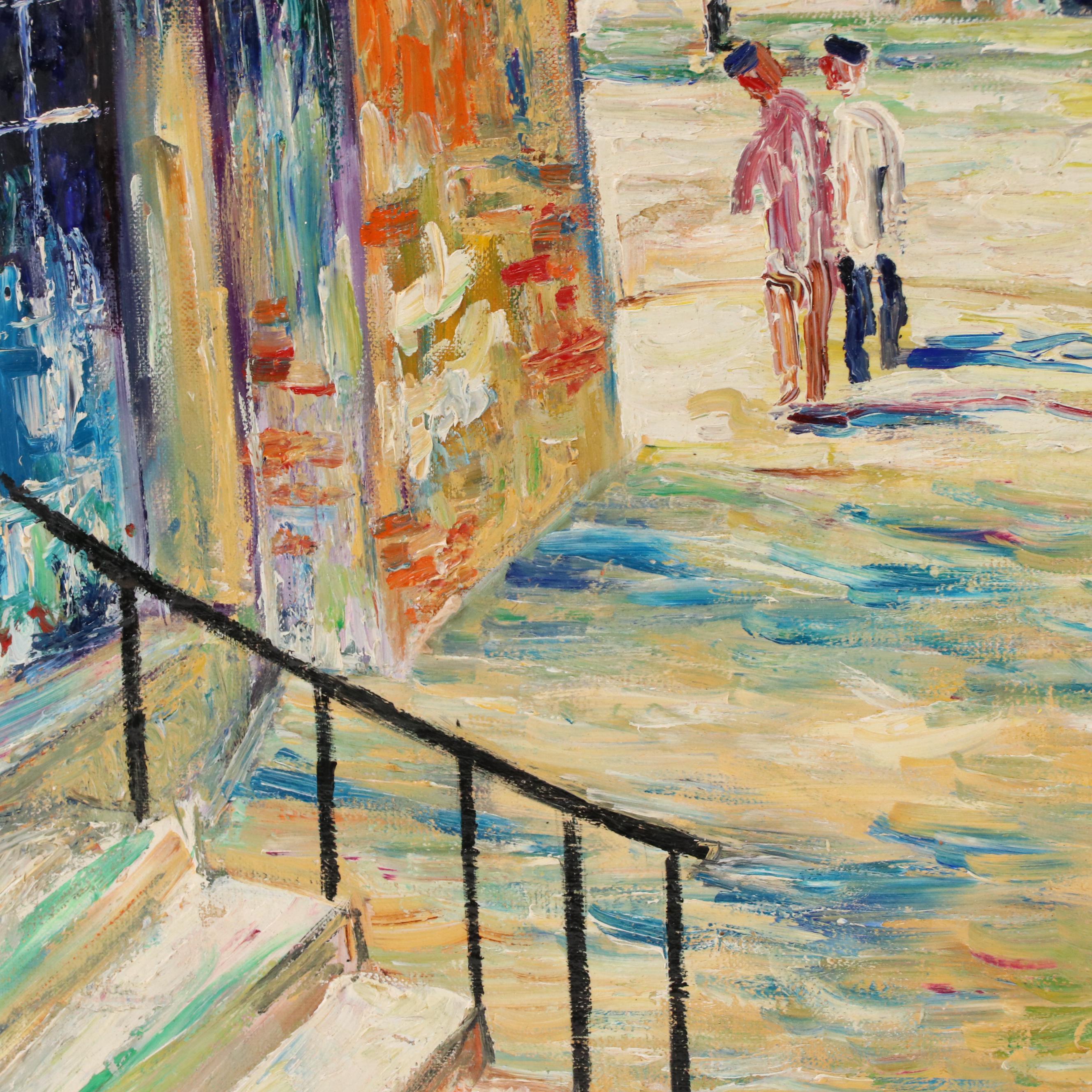 Jade Pasteur Oil Painting of Street Scene, Mid-20th Century