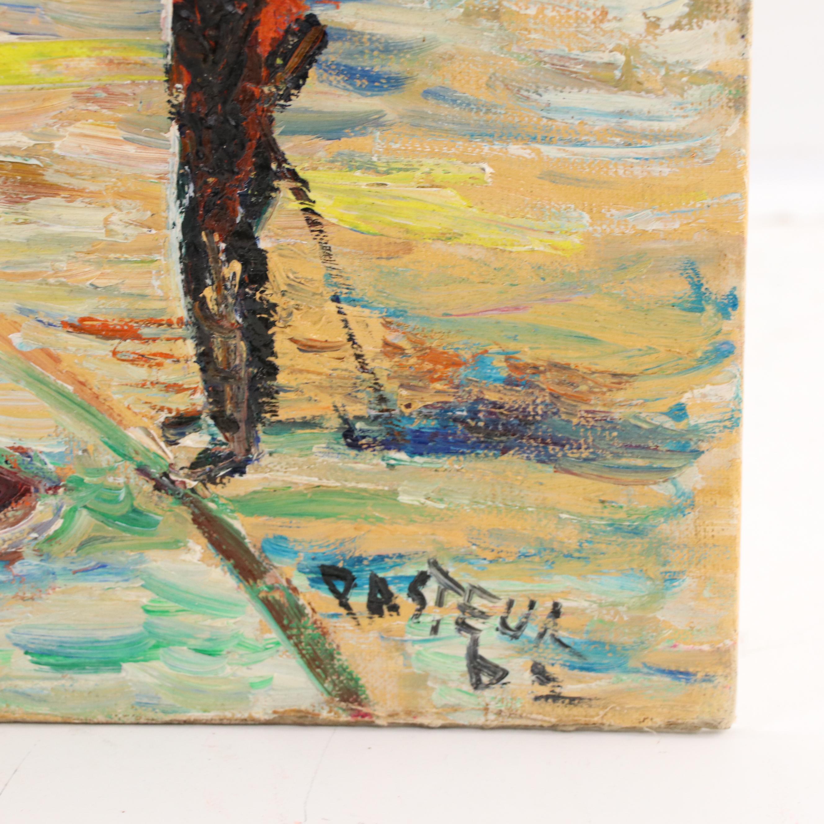 Jade Pasteur Oil Painting of Street Scene, Mid-20th Century