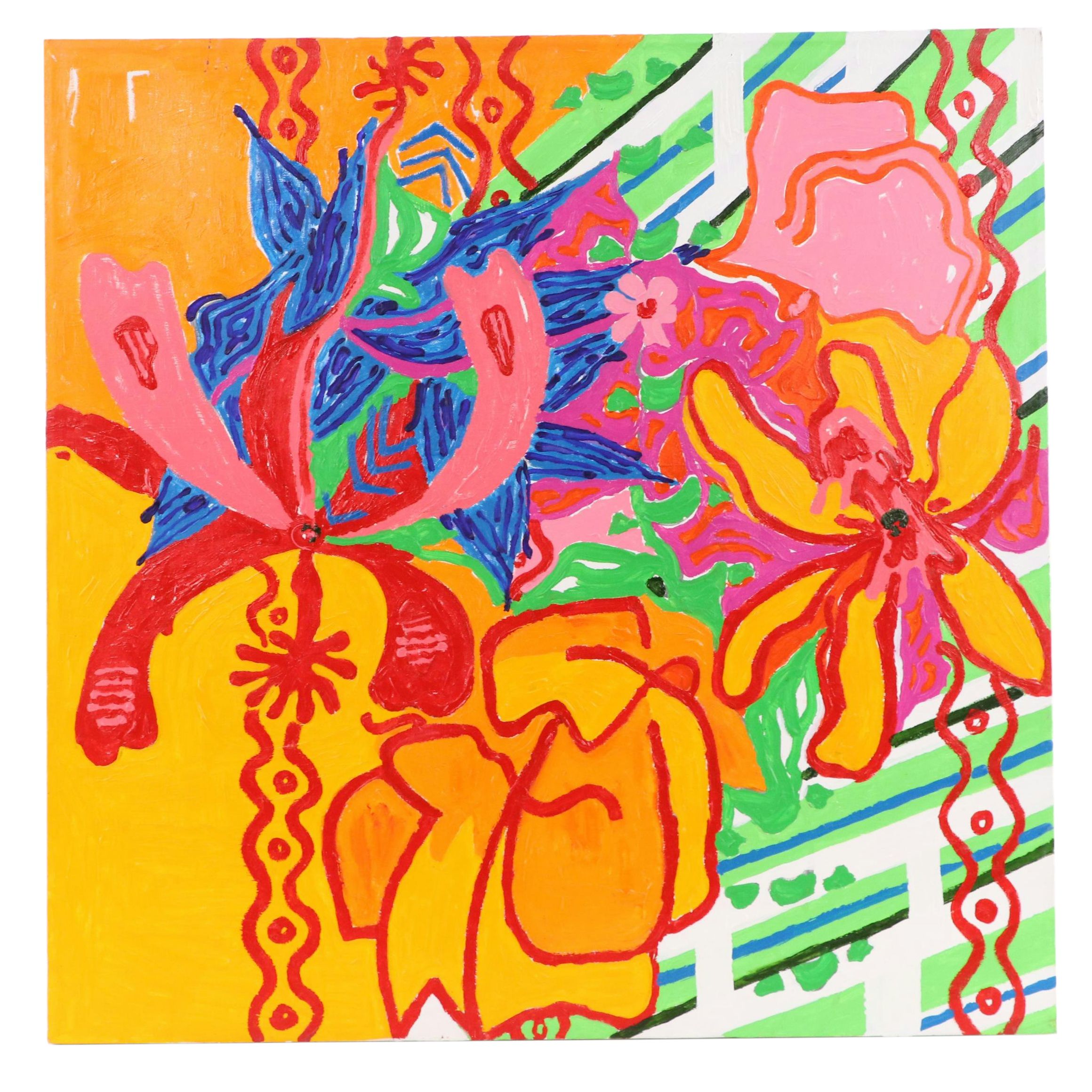 Phyllis Trager Hyman Modernist Oil Painting "Orange Flowers," 2004