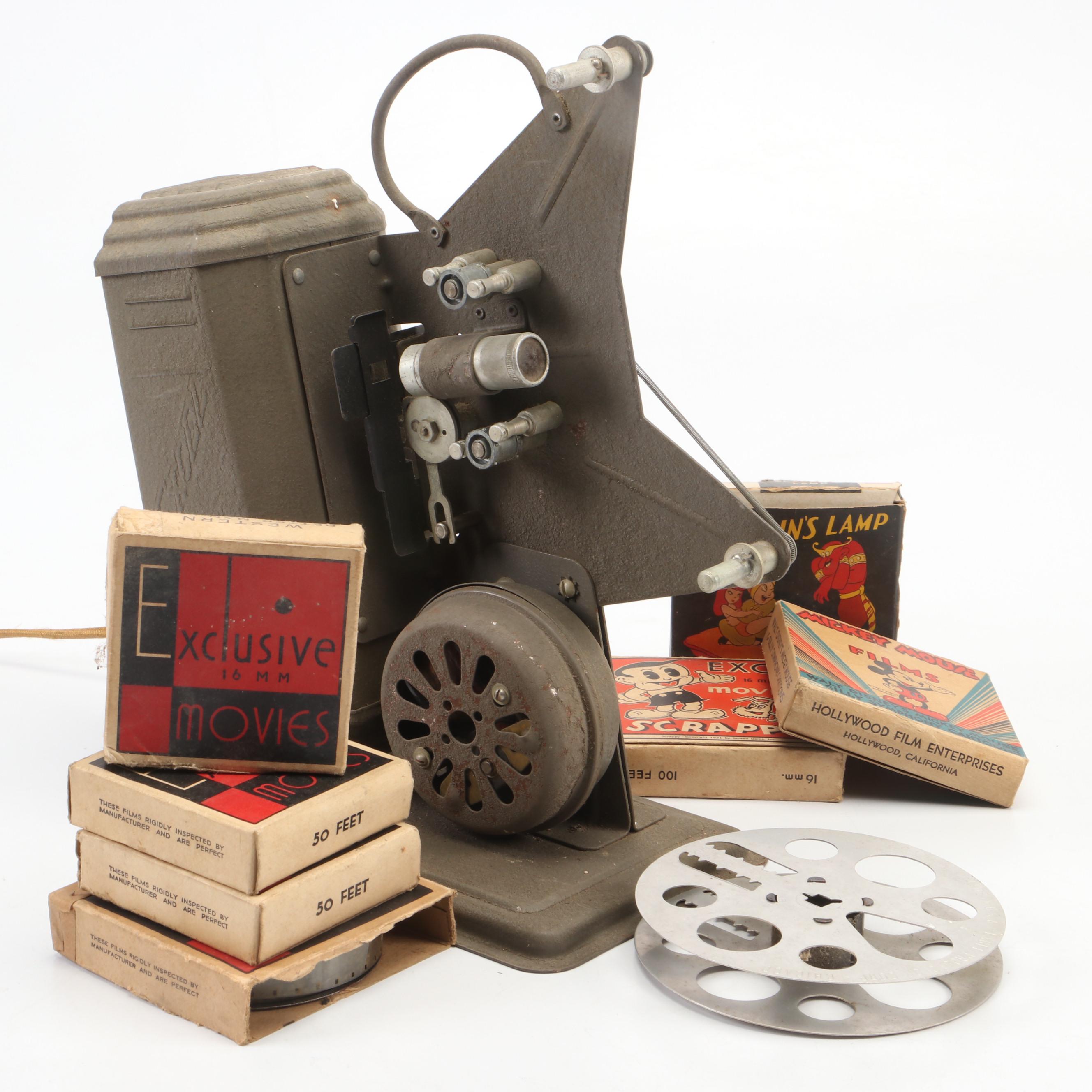 Excel 16mm Movie Projector with Mickey Mouse and Other Film Reels