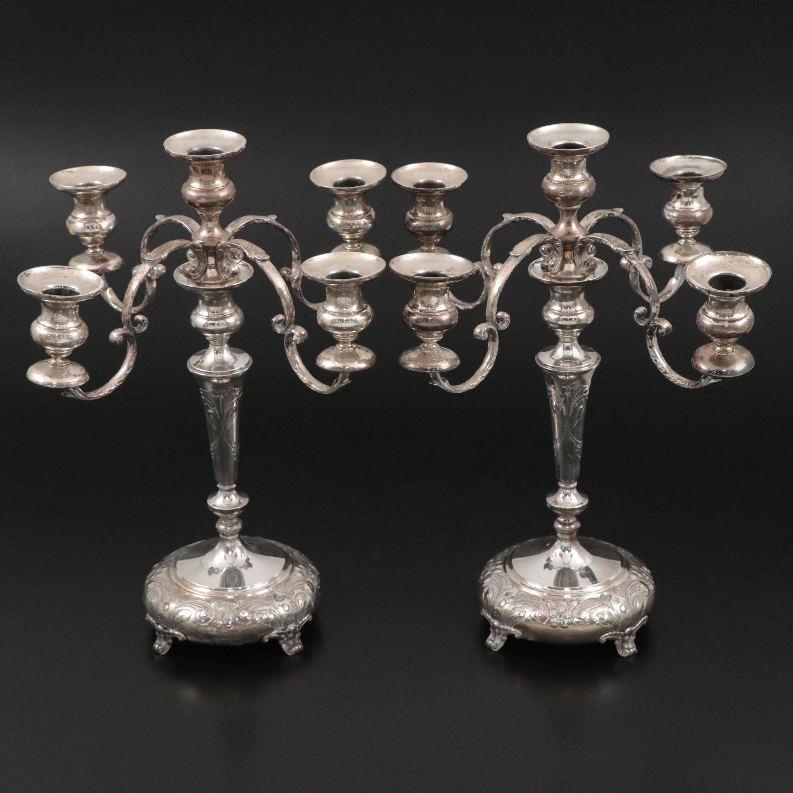 Durham Hand-Chased Sterling Candlesticks with Other Plate Candelabra