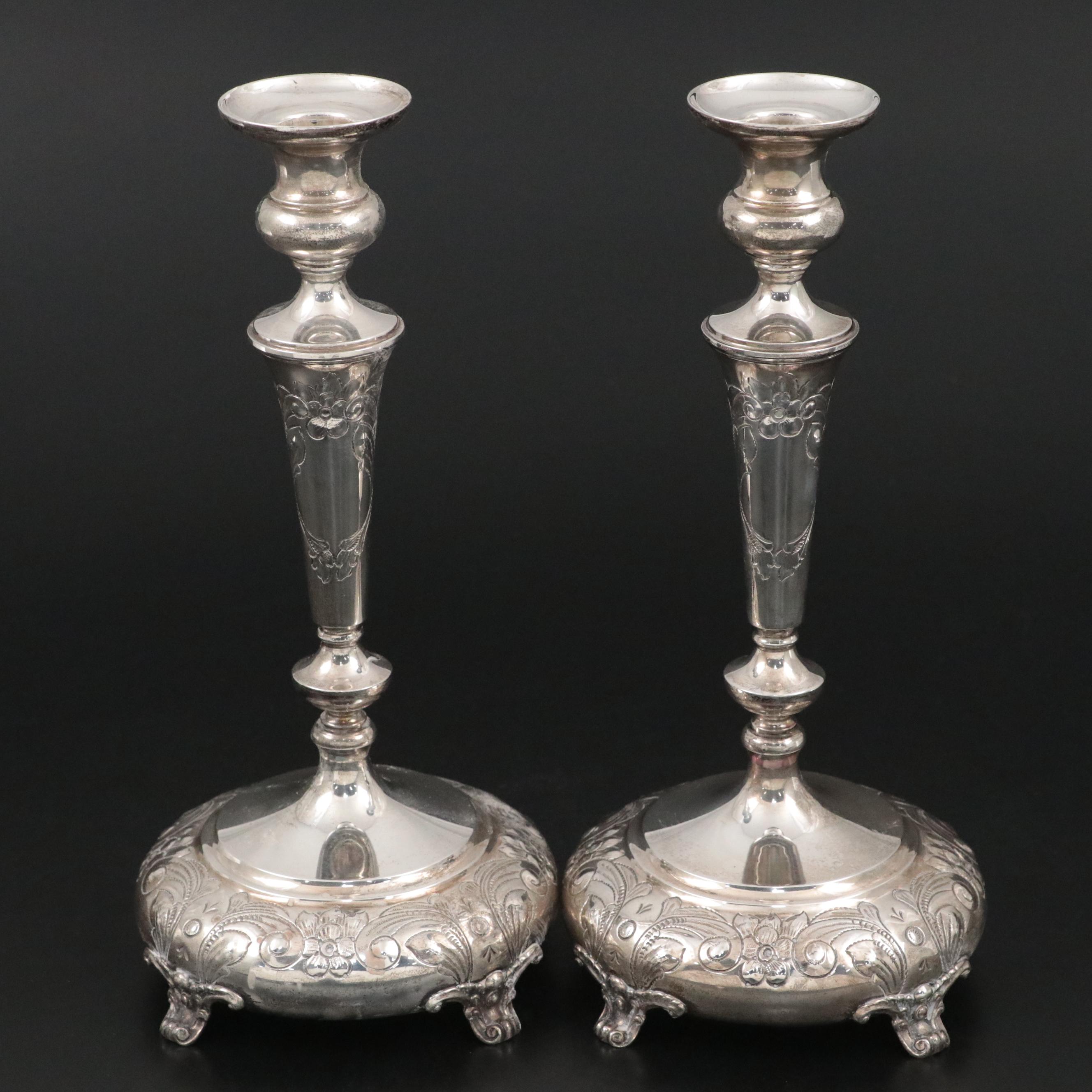Durham Hand-Chased Sterling Candlesticks with Other Plate Candelabra