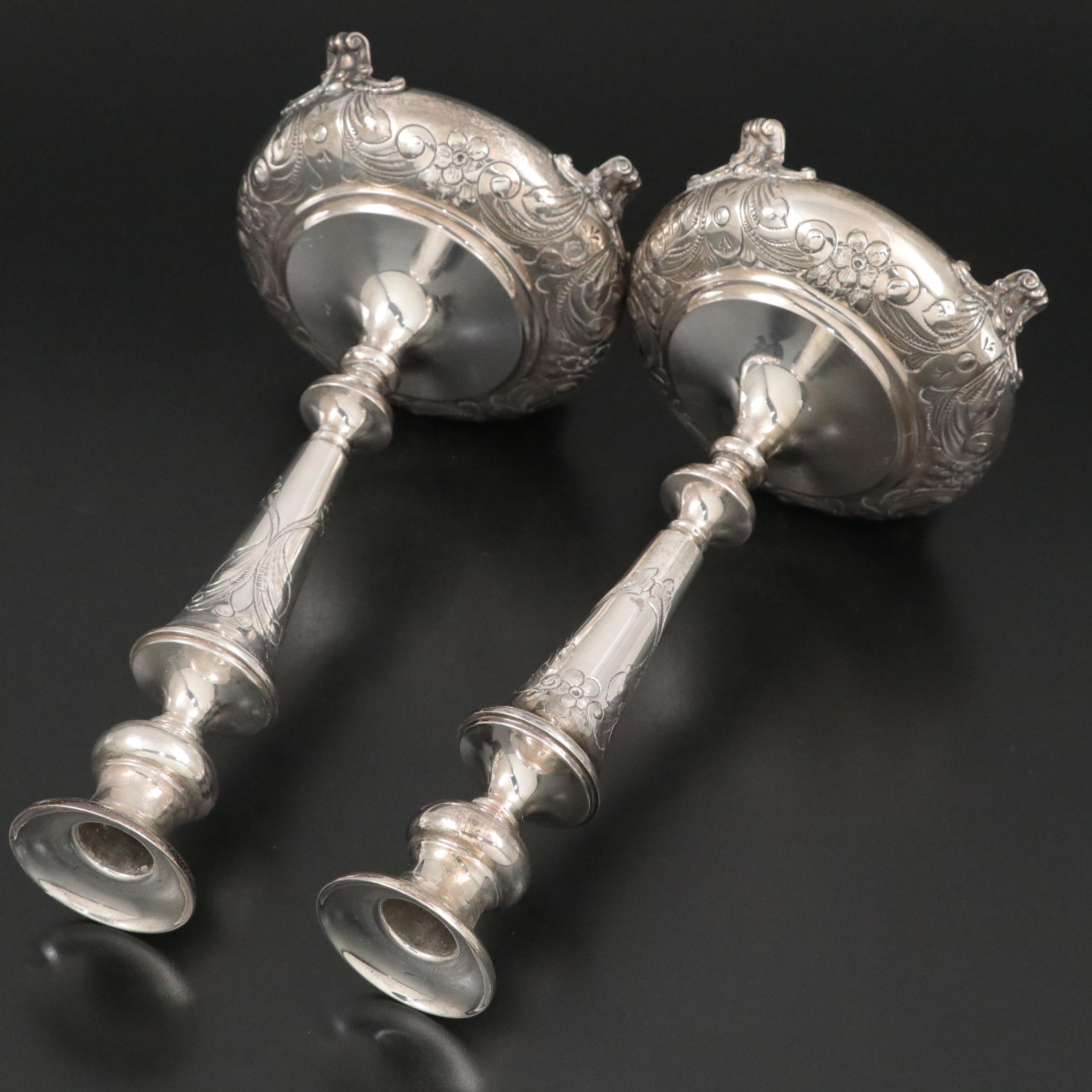 Durham Hand-Chased Sterling Candlesticks with Other Plate Candelabra