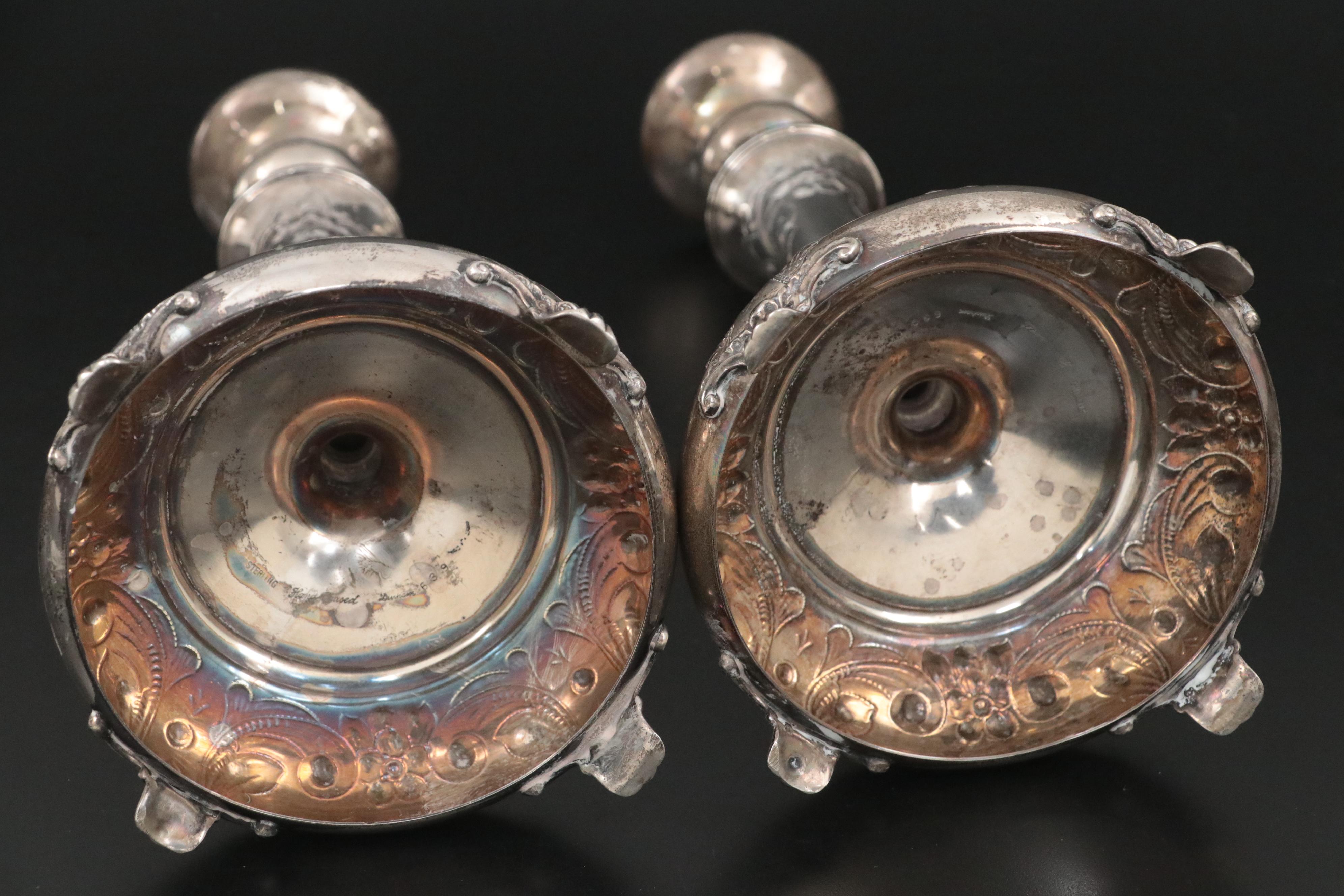 Durham Hand-Chased Sterling Candlesticks with Other Plate Candelabra