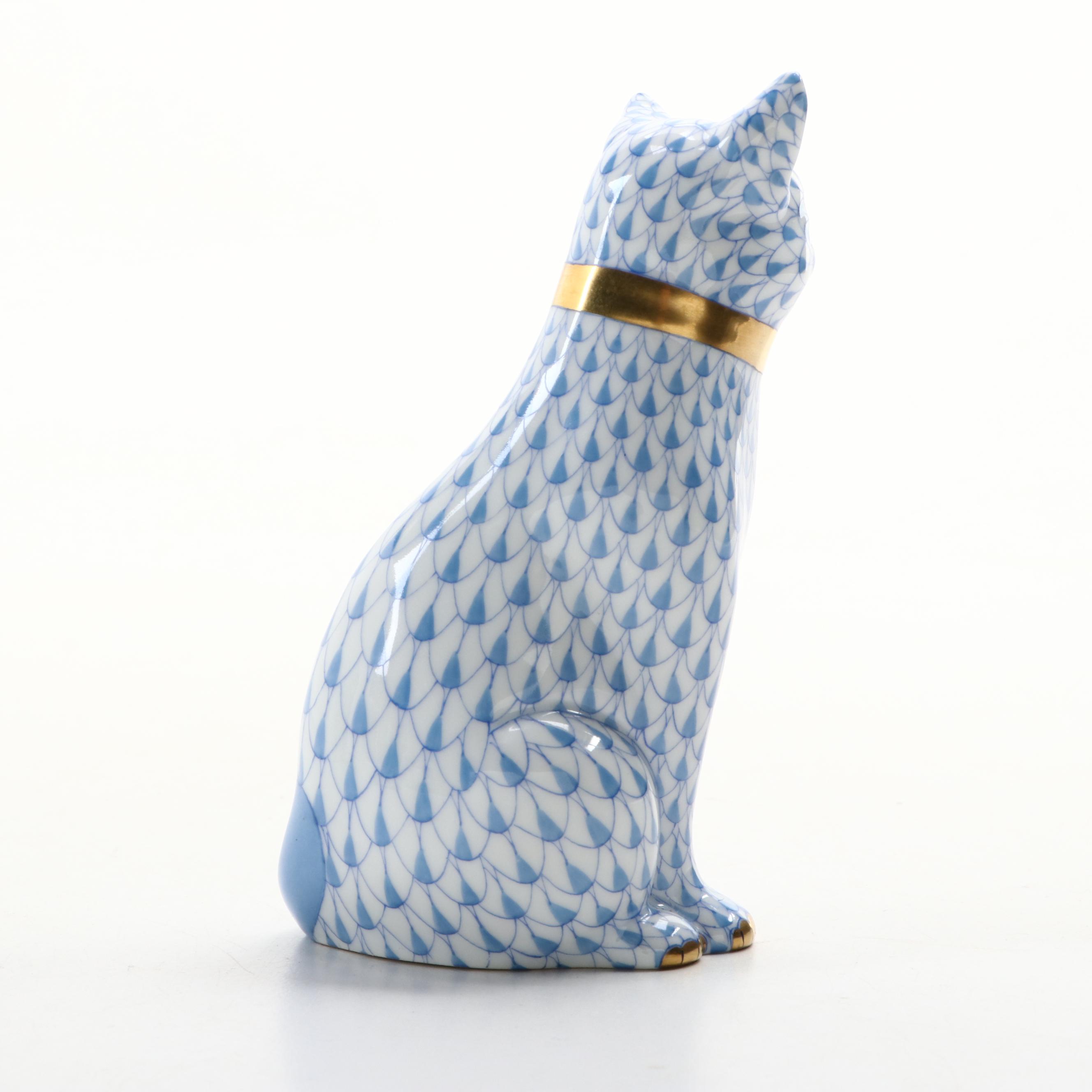 Herend Blue Fishnet with Gold "Cat with Ribbon" Porcelain Figurine