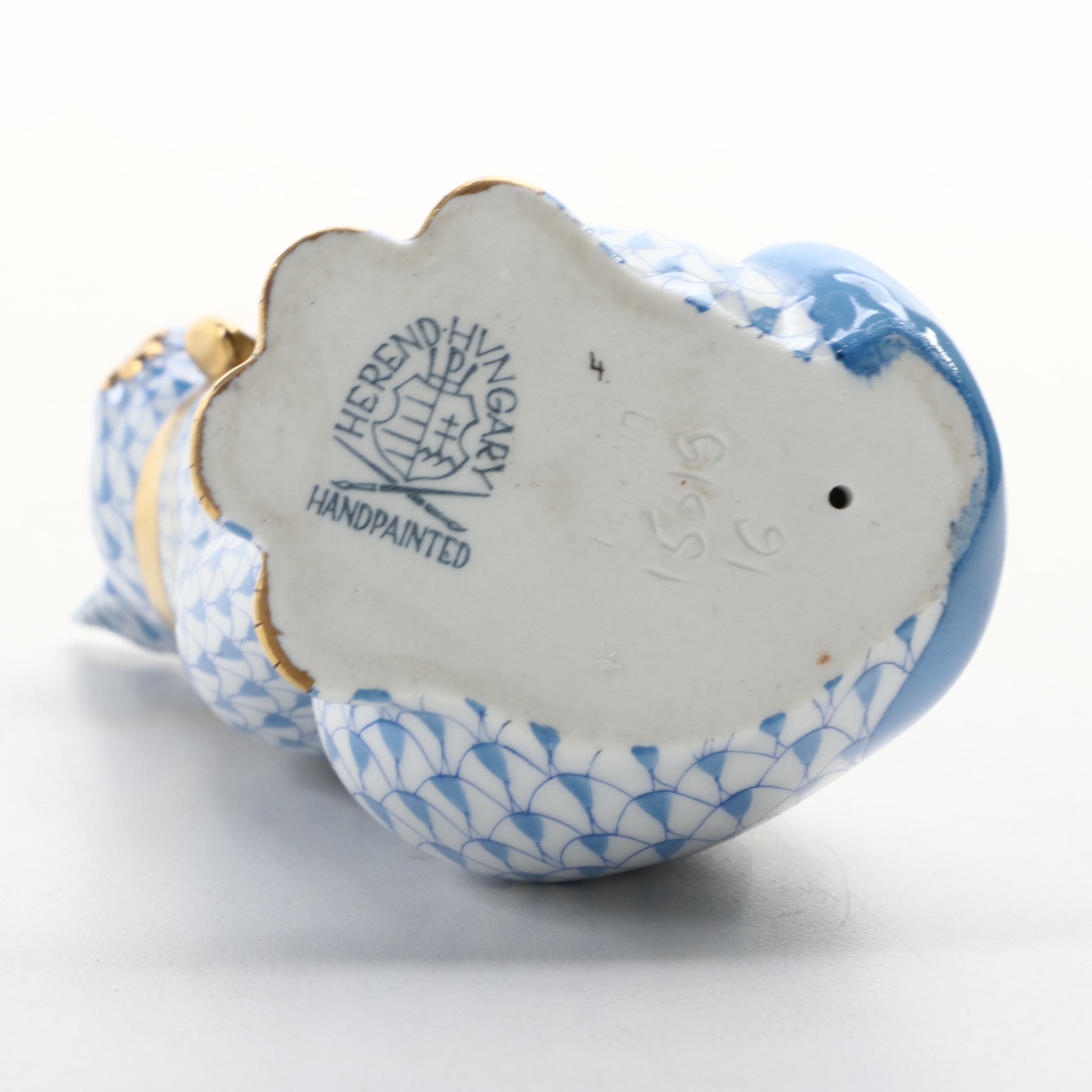 Herend Blue Fishnet with Gold "Cat with Ribbon" Porcelain Figurine