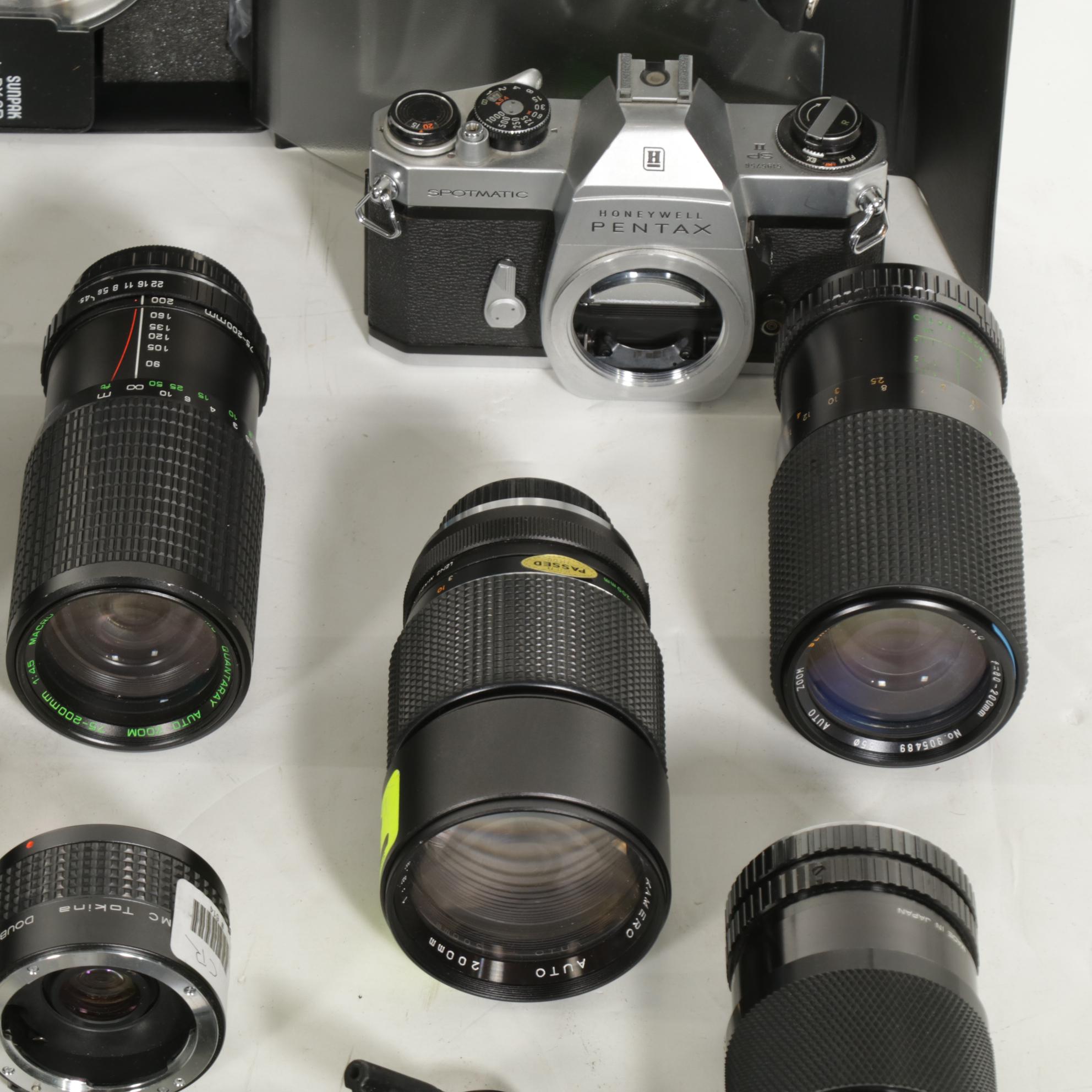 Honeywell Pentax 35mm Camera Bodies, Assorted Lenses and Sunpak Thyristor Flash