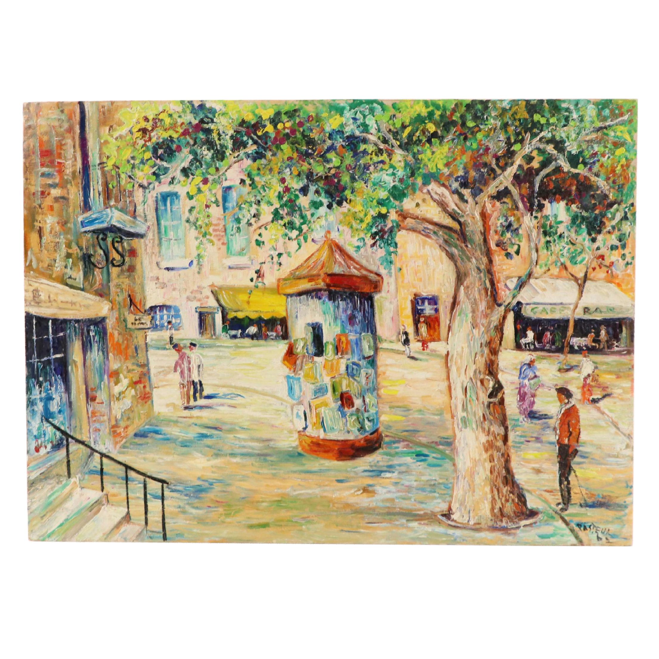 Jade Pasteur Oil Painting of Street Scene, Mid-20th Century