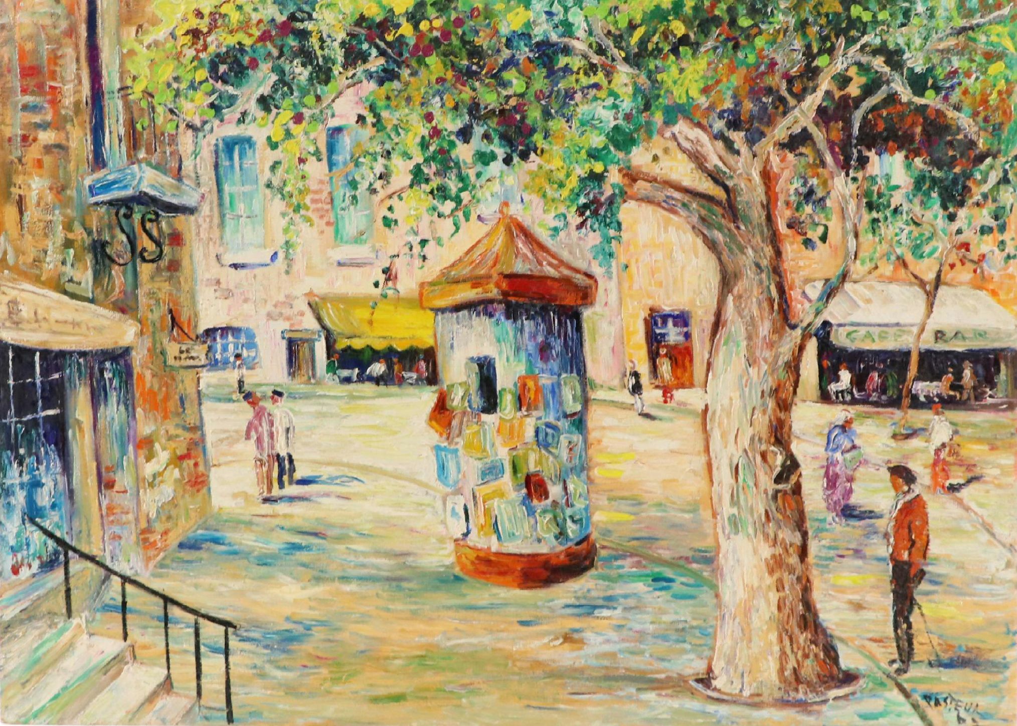 Jade Pasteur Oil Painting of Street Scene, Mid-20th Century