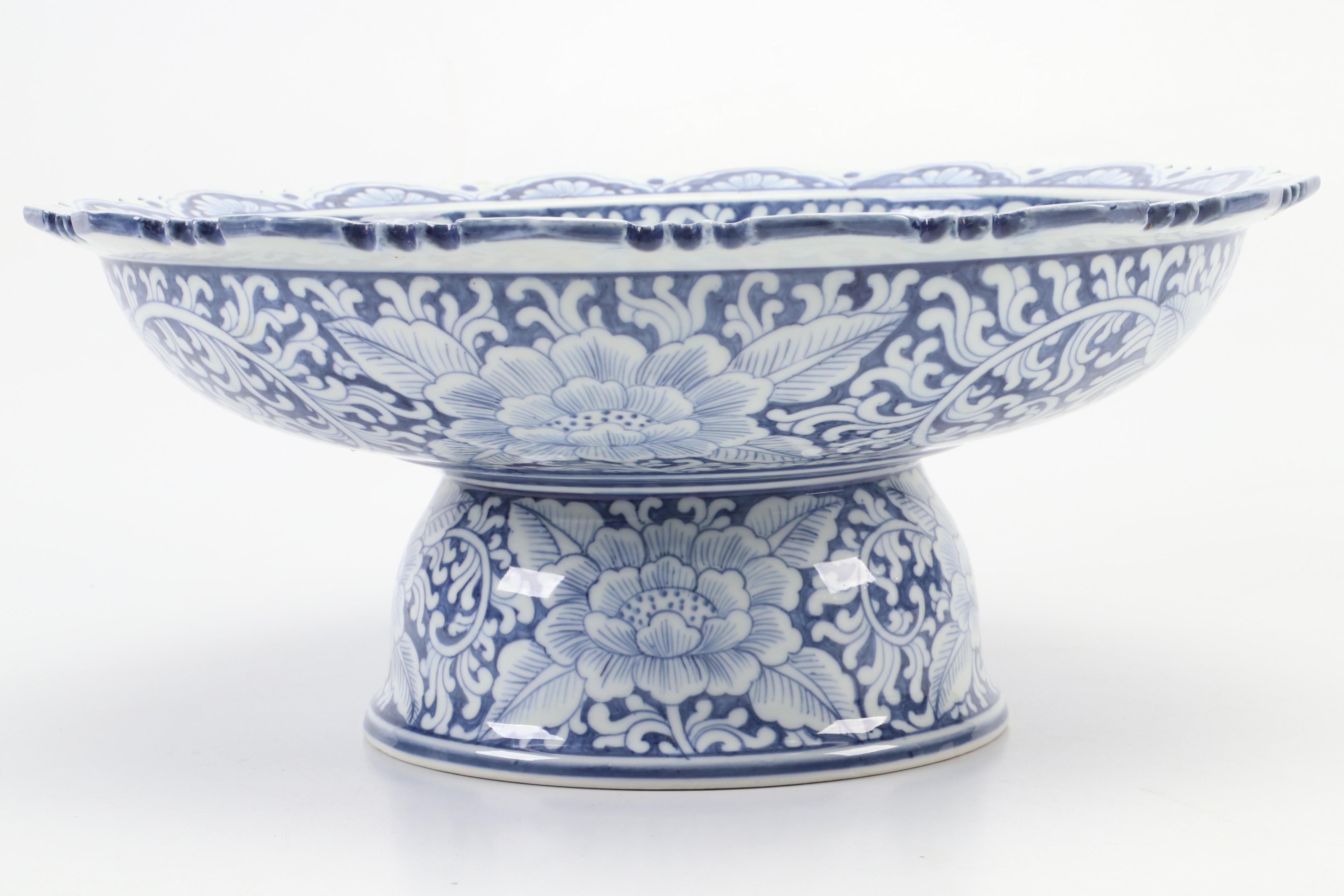 Hand-Painted Thai Blue and White Pedestal Bowl