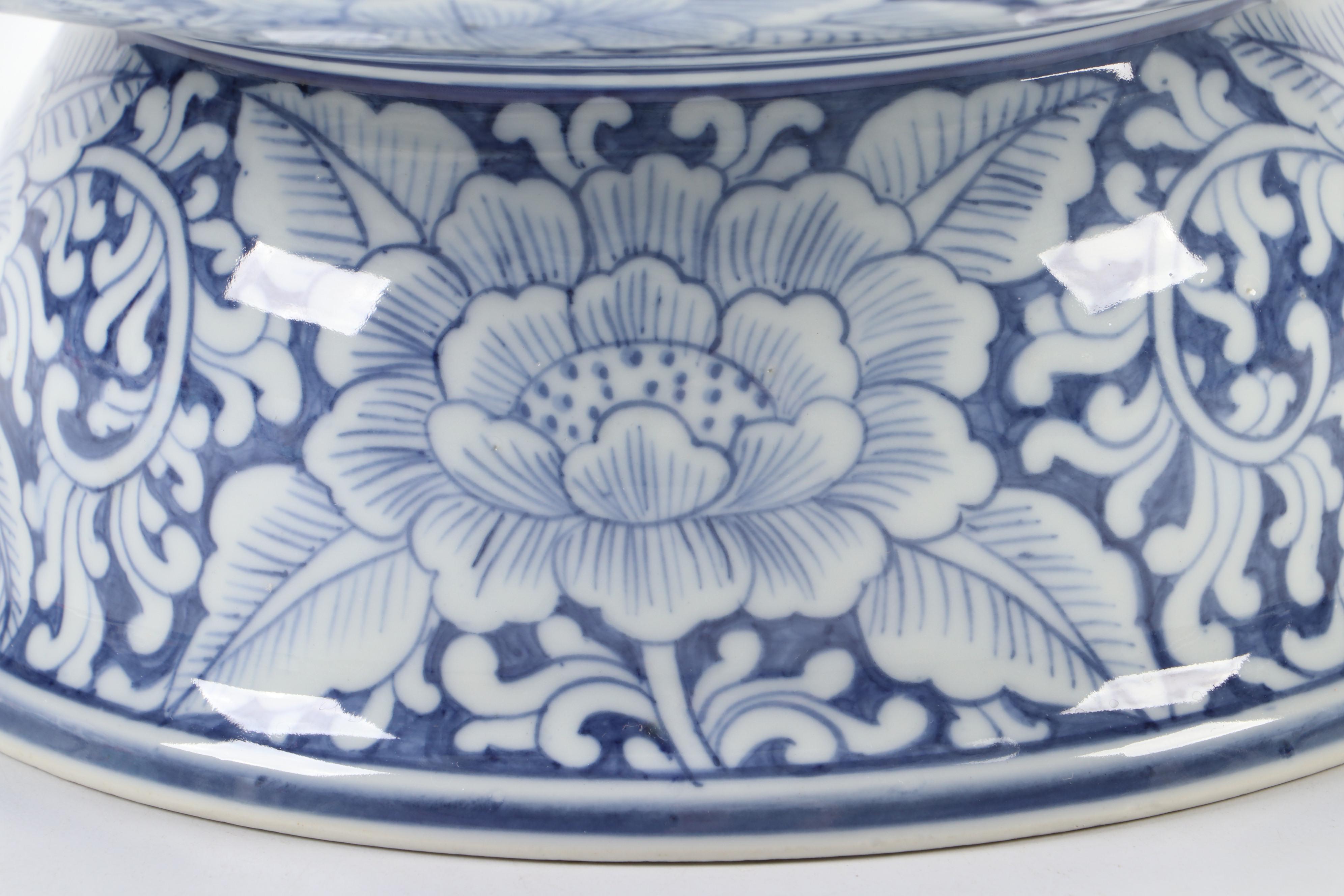 Hand-Painted Thai Blue and White Pedestal Bowl