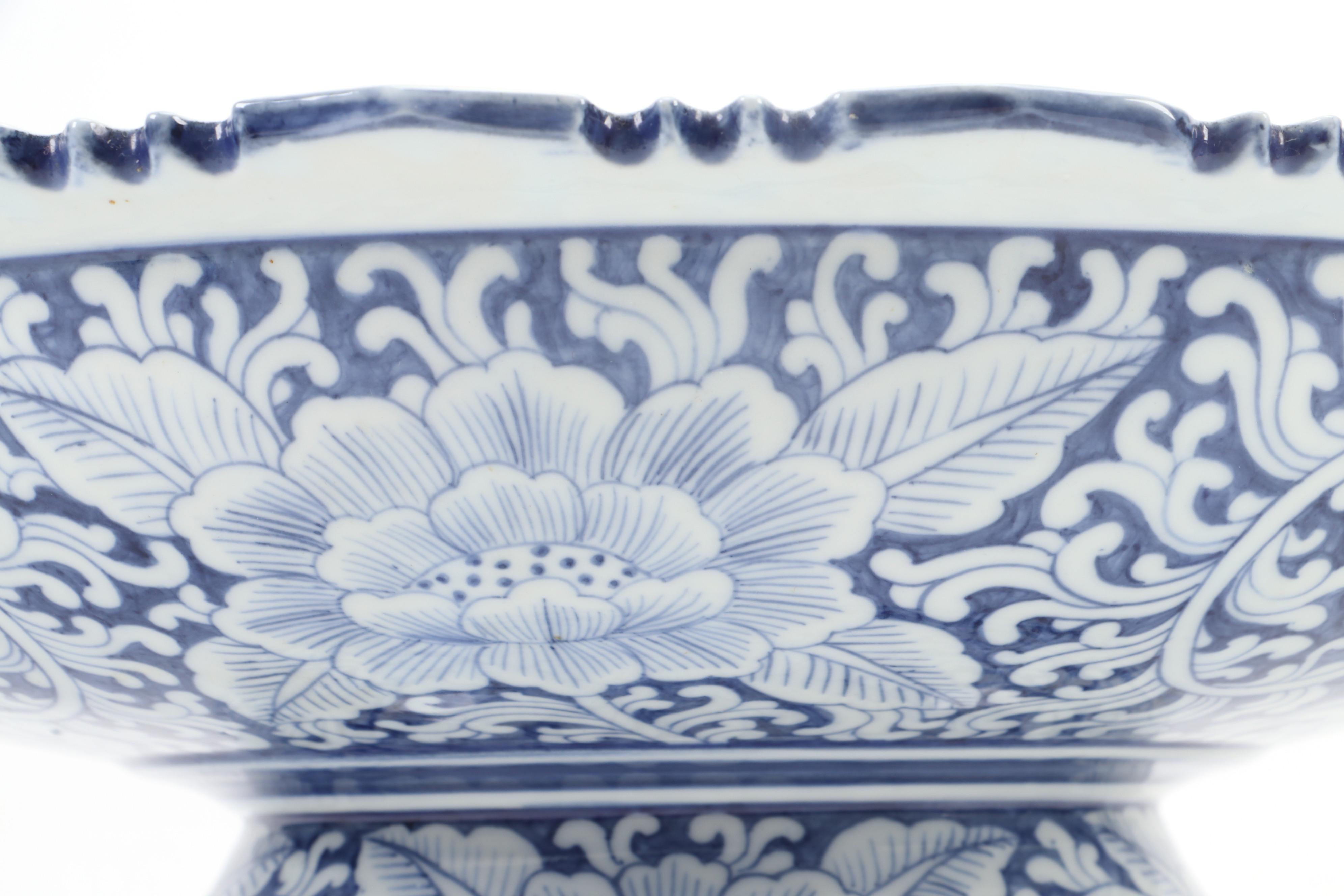 Hand-Painted Thai Blue and White Pedestal Bowl